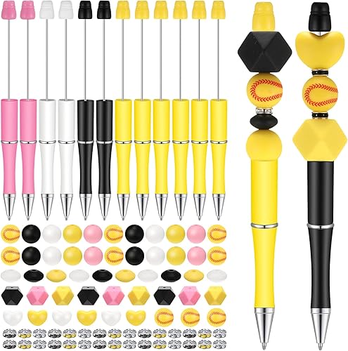 Juego de 12 bolígrafos deportivos de cuentas de plástico, bolígrafos de cuentas surtidas, cuentas de silicona, cuentas de cristal, tinta negra,