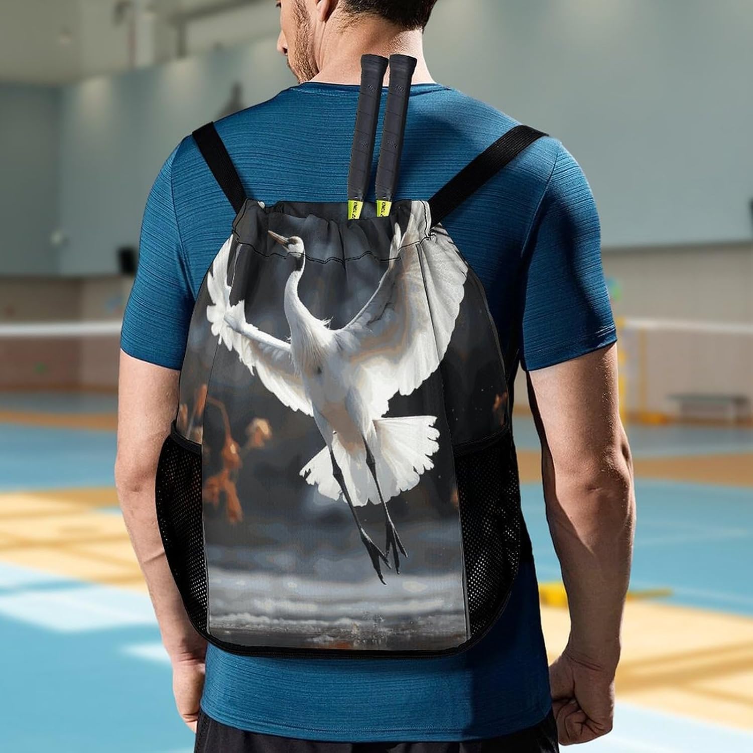 Drawstring Backpack Sports Gym Swim Bag with Shoes Compartment Crane Dancing Stuff Sack