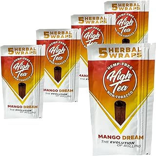 High Tea Non Tobacco All Natural Herbal Smoking Wraps - Mango Dream - 25 Self Rolling Wraps, Made from Tea Leaves, 5 Count (Pack of 5)