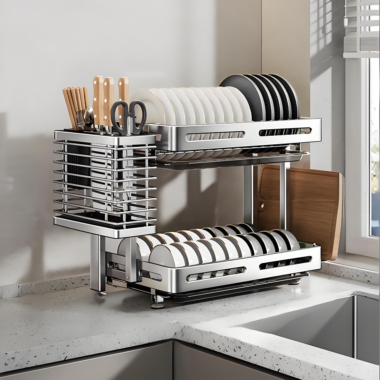 Égouttoir à Vaisselle en Acier Inoxydable – Organiseur de Cuisine Multifonction à 2 Niveaux pour Assiettes et Bols, Gain de Place, Durable et résistant à la Rouille