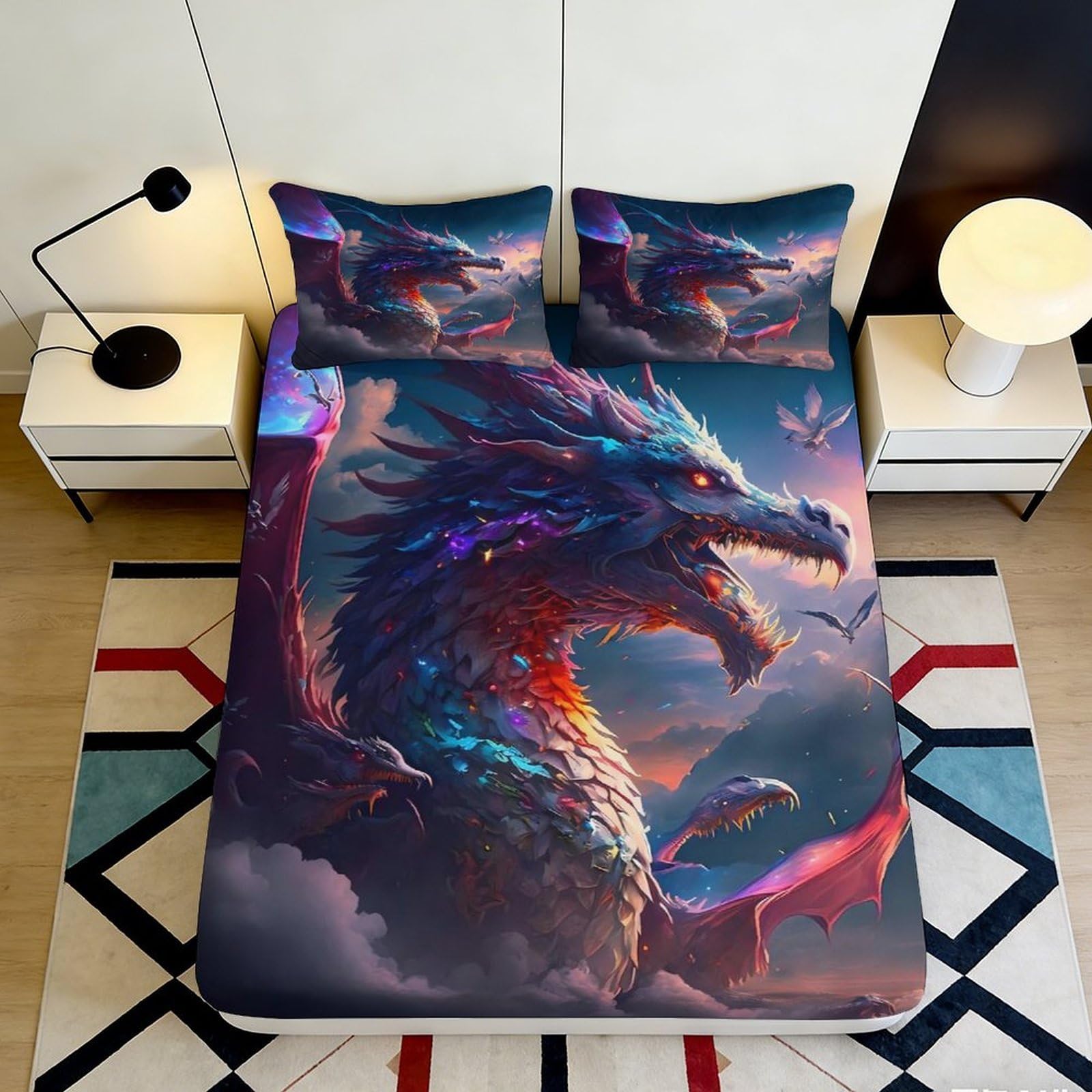 3D Printed Fantasy Dragon Fitted Sheet Microfiber Vibrant Medieval Creature Mattress Cover for Bedroom Dorm Decor 90x200x25cm
