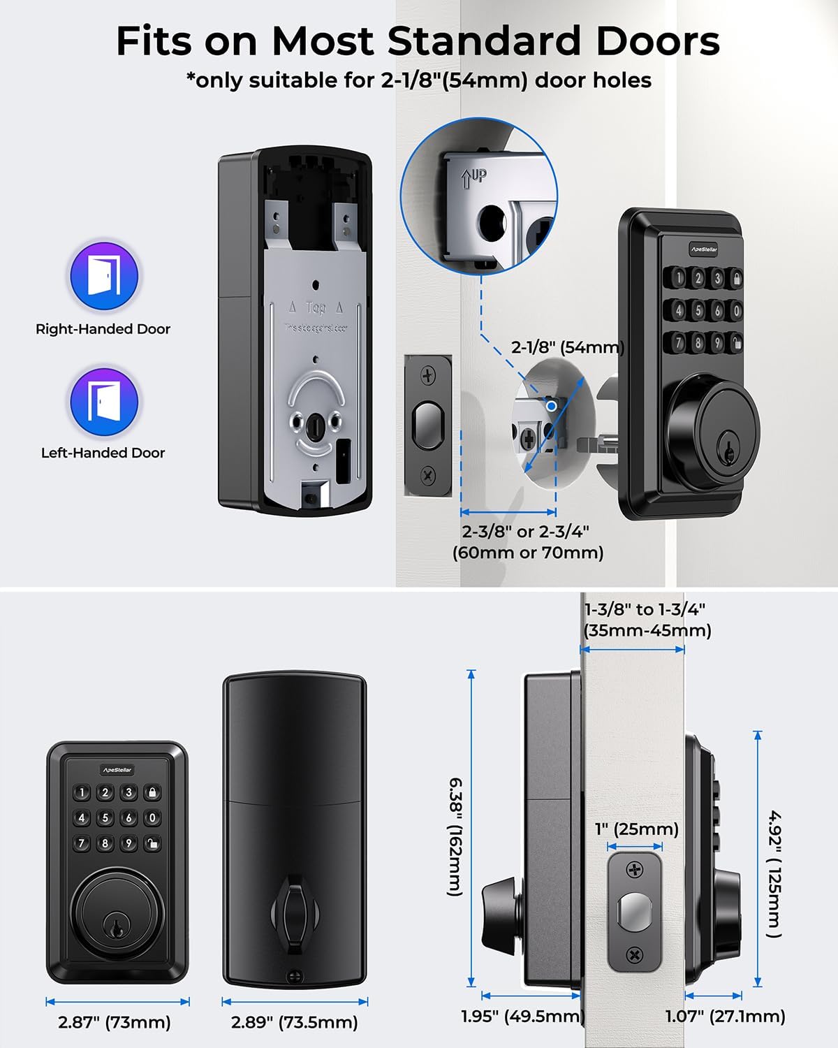 Diagram showing door dimensions and compatibility for the ApeStellar lock