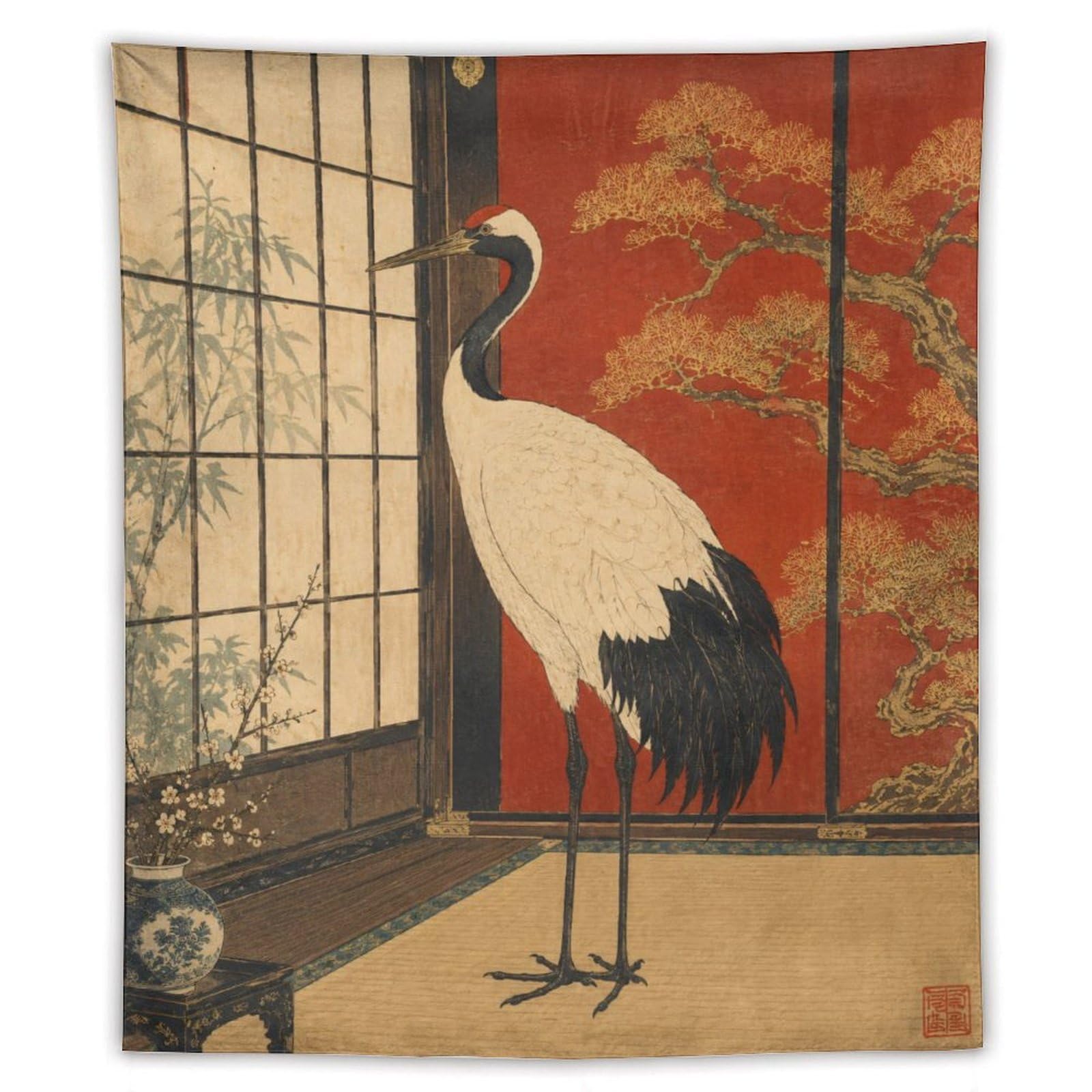 H3B8U2Y5 Crane in Red Room Wall Tapestry, Realistic Illustration