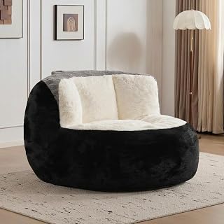 Sitzsack Sessel, Übergroßer Sitzsack Stuhl, Mehrfarbiges Kunstfell-Sofa mit Schaumstoffflocken-Füllung, Bequemer Lounge-Sessel für Wohnzimmer, für Wohnzimmer Schlafzimmer, Leseecke, Schwarz+Weiß+Grau