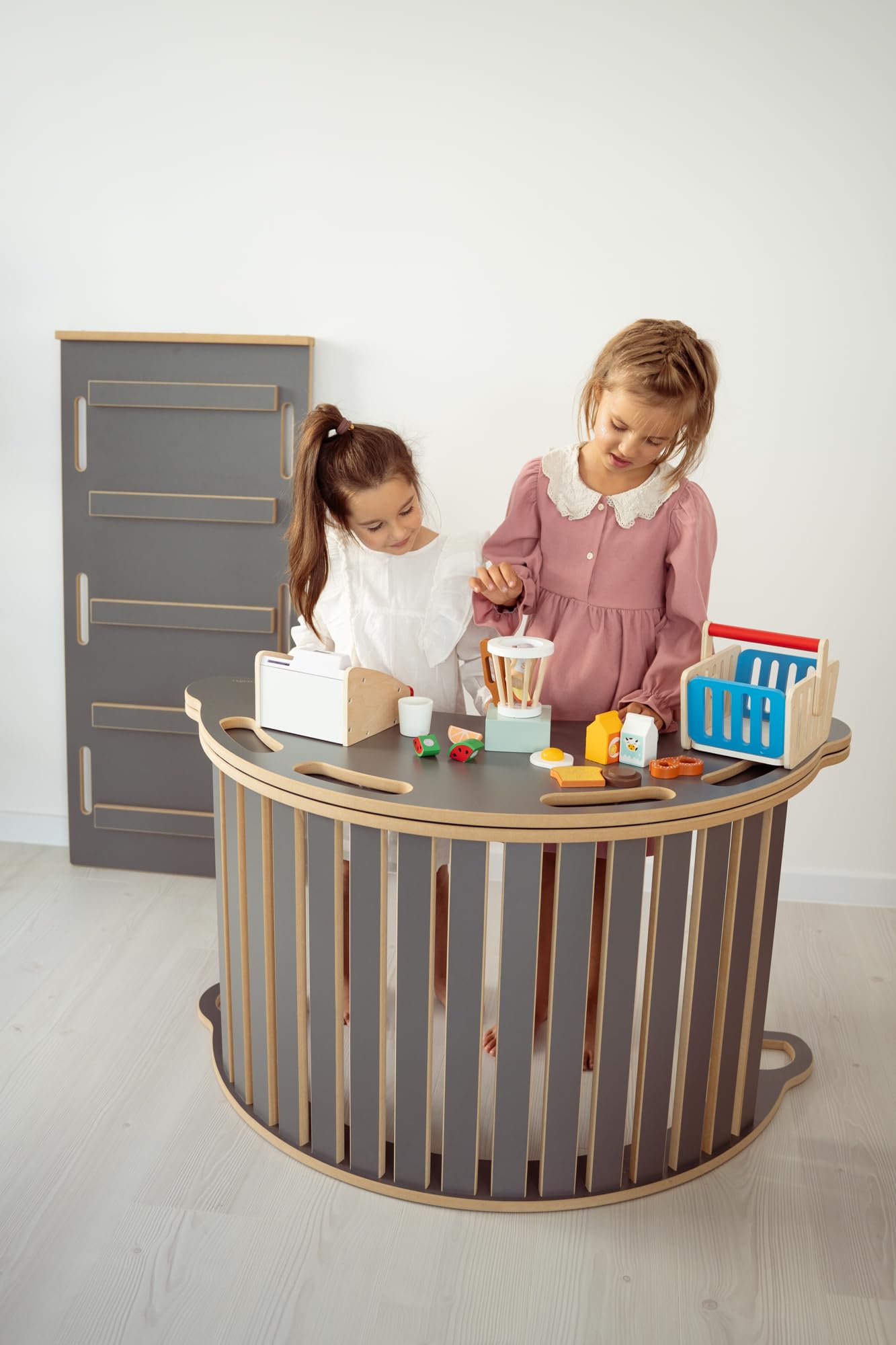 Montessori Schaukelstuhl 3in1 Großes Holz Kletterset für Kinder Rutsche Leiter Spielplatte Fördert Motorik Entwicklung (Grau)