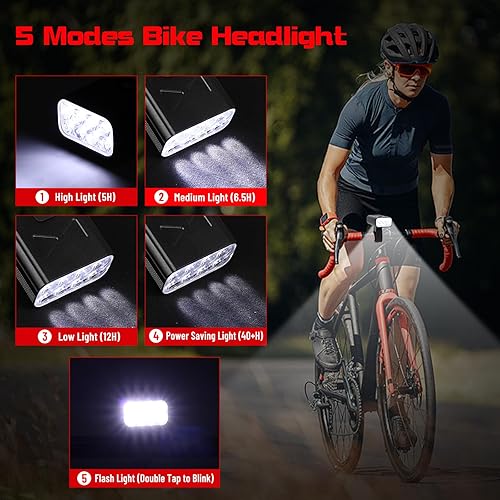 Miniatura 2 de Juego de luces brillantes para bicicleta, faro delantero y trasero para bicicleta, 8 LED de 1000 lúmenes, recargable por USB, 5 modos de luz, luz