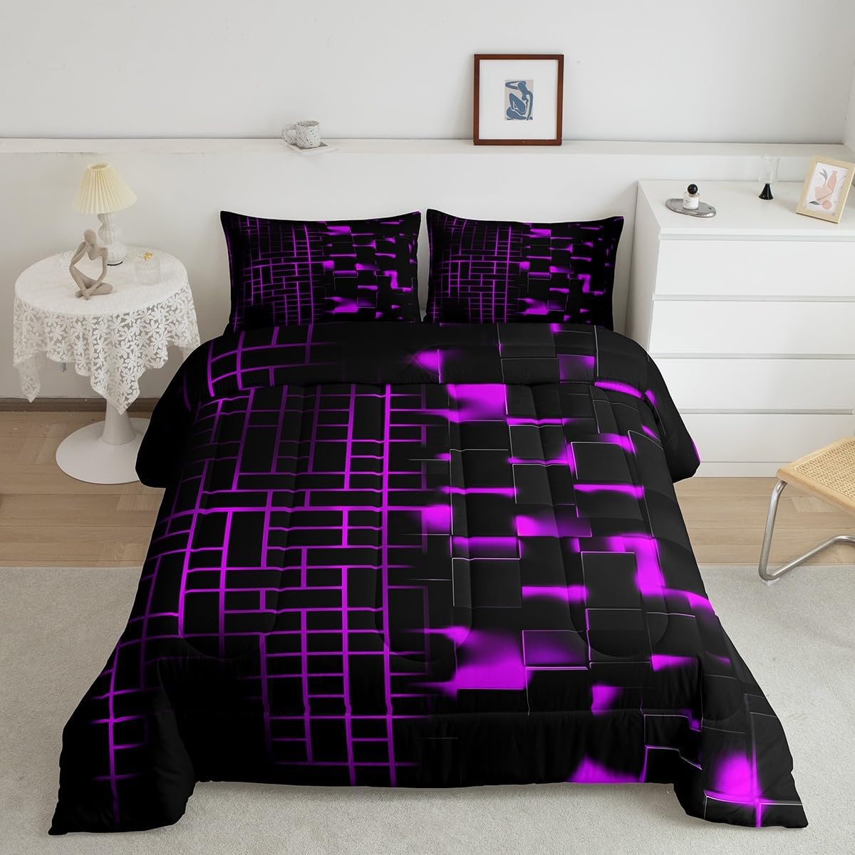 Geometric Grids Full Bedding Set for Kids,Pink Gradient