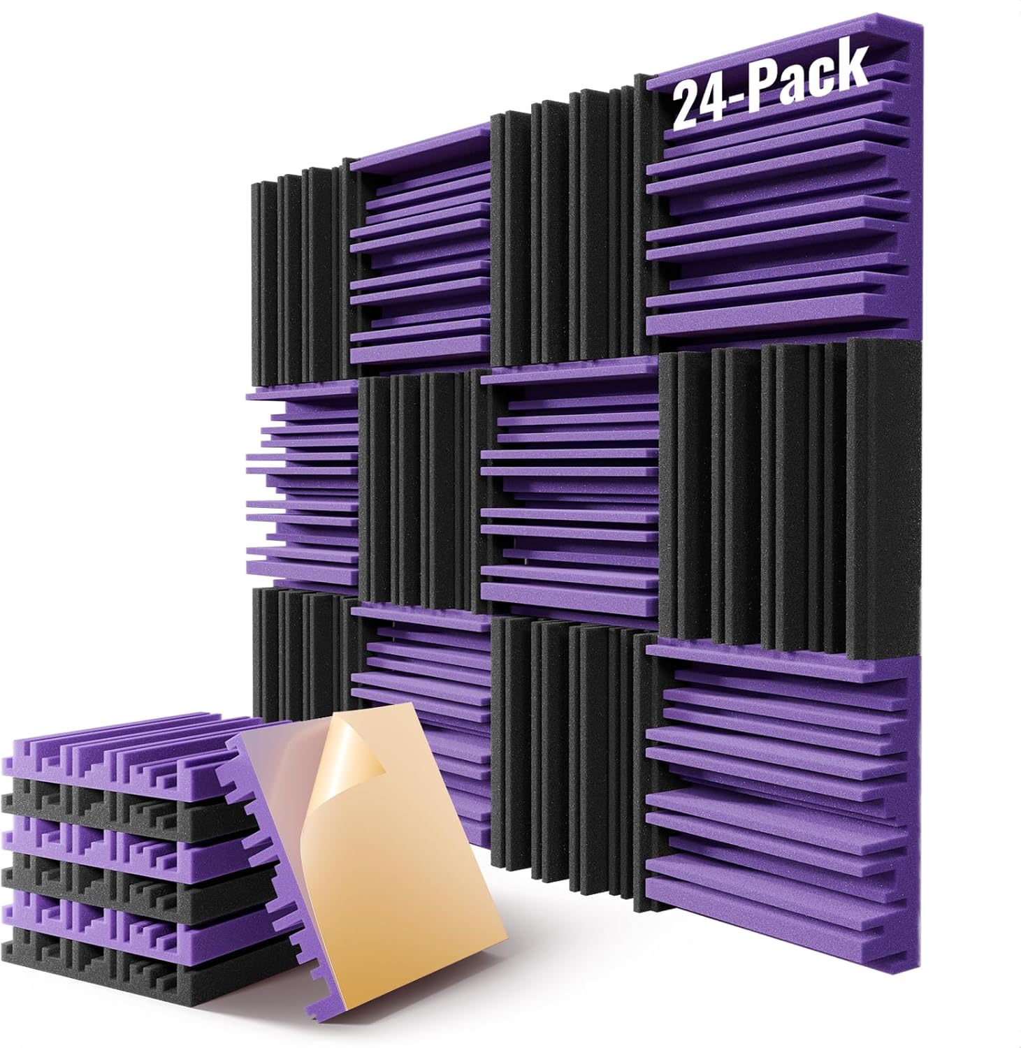 24 Pack Sound Proof Foam Panels for Wall,12" X 12" X 2" Self-Adhesive Acoustic Foam Panels,High Resilience Soundproof Wall Panels,Sound Absorbing Panels for Home Studios, Offices - Black & Purple
