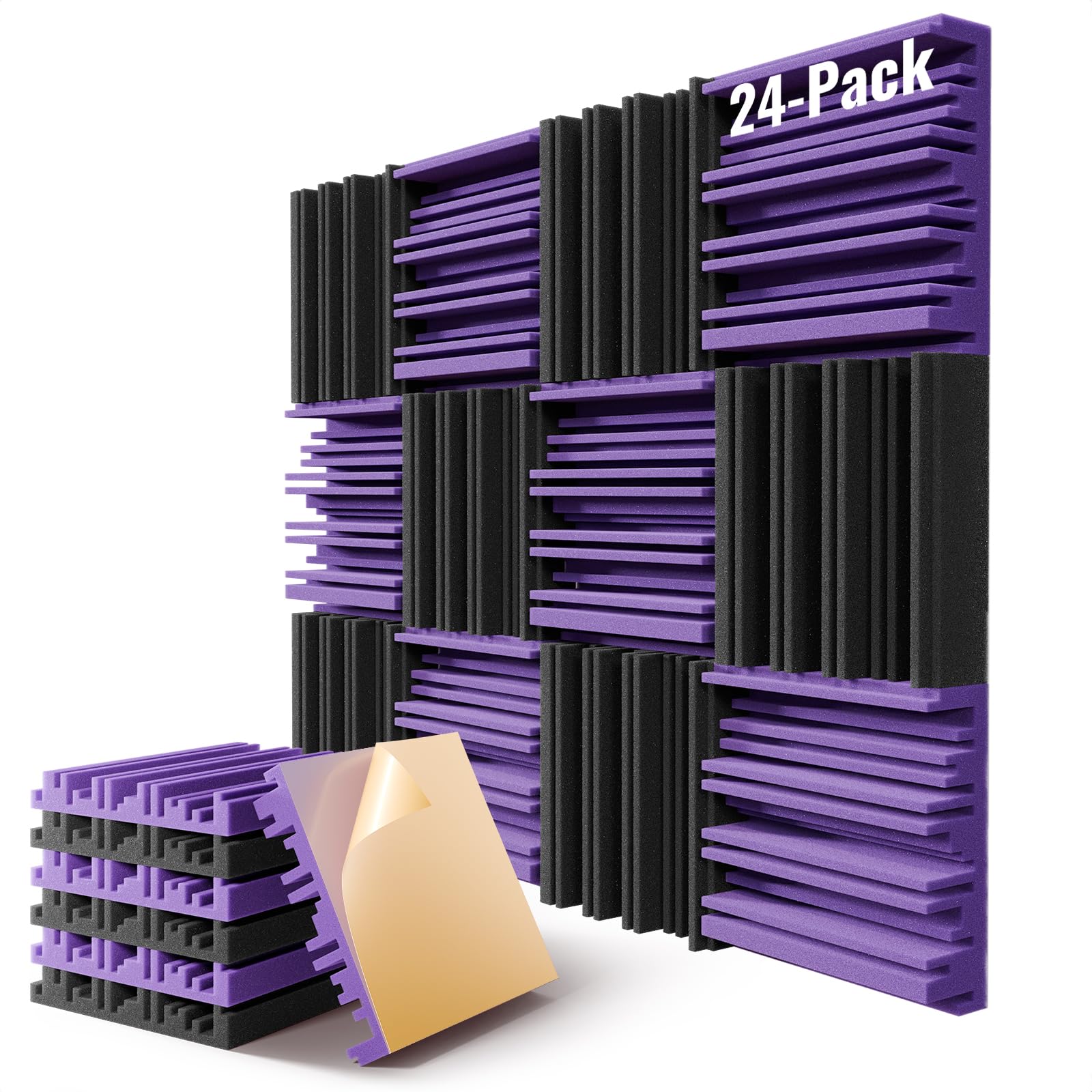 Paquete de 24 paneles de espuma a prueba de sonido para pared, paneles de espuma acústica autoadhesivos de 12 x 12 x 2 pulgadas, paneles de pared insonorizados de alta resistencia, paneles de