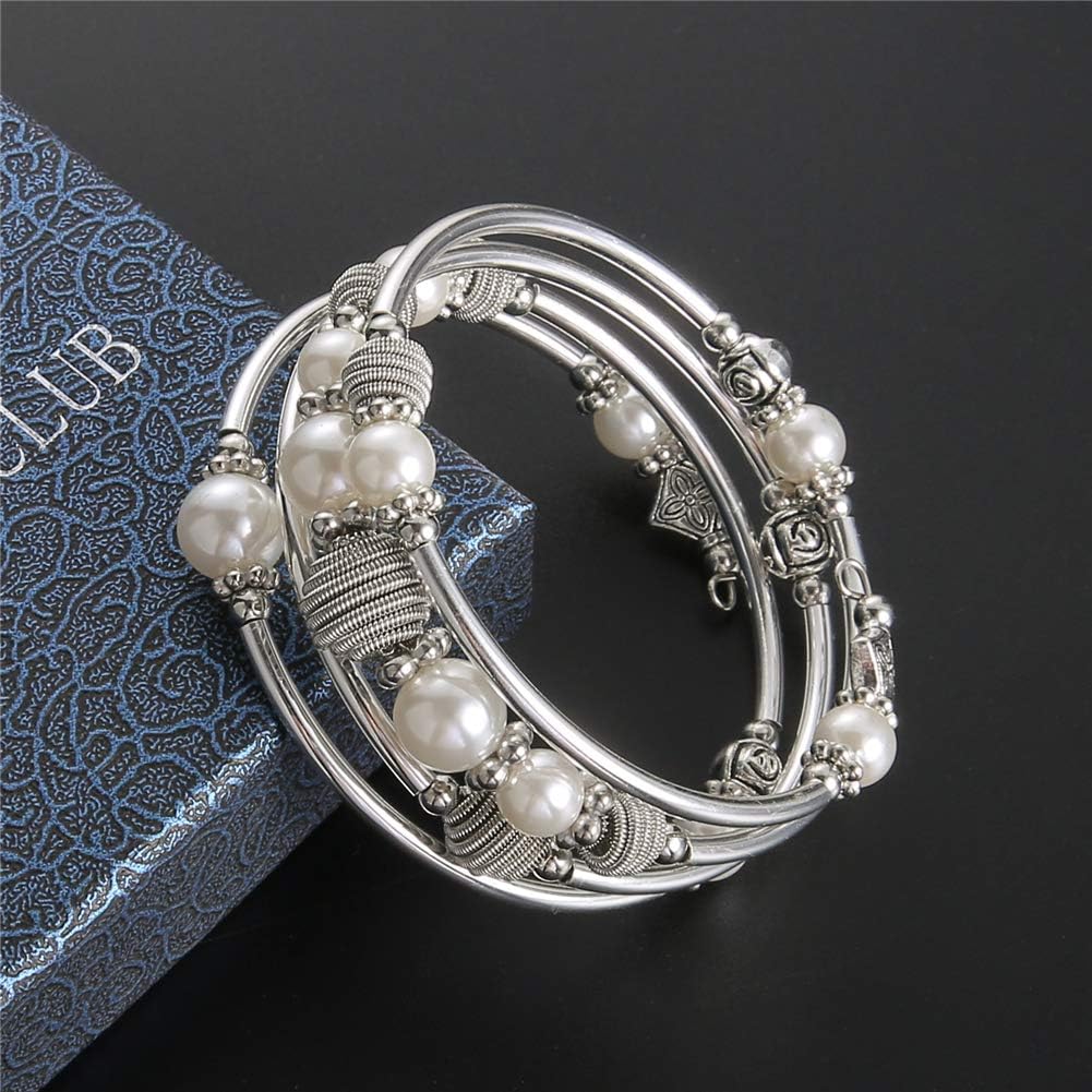 PEARL&CLUB Beaded Chakra Bangle Turquoise Bracelet - Fashion Jewelry Wrap Bracelet with Thick Silver Metal and Mala Beads, Birthday Gifts For Women - Image 5
