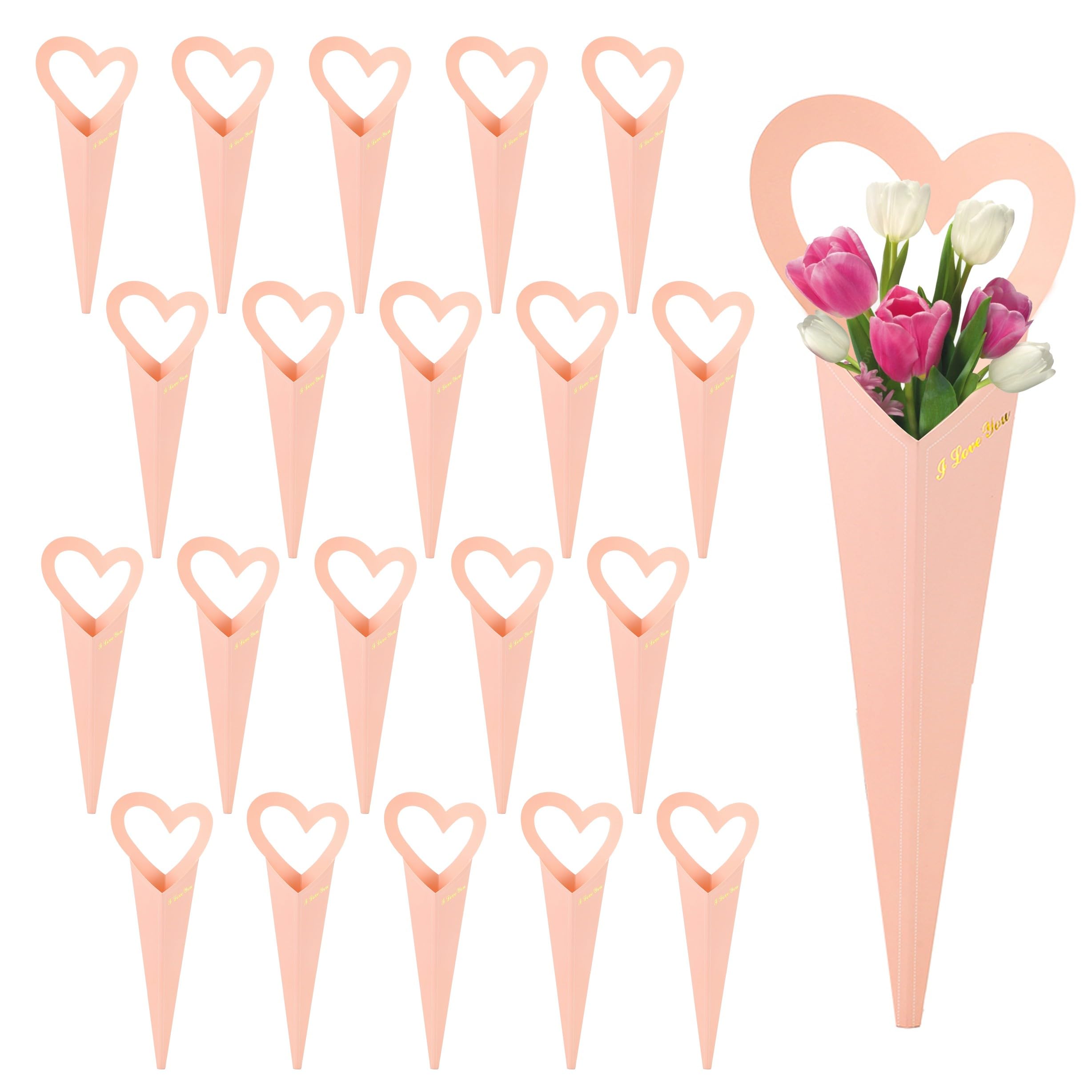 xialgshe 20 Pack Single Flower Wrapping Paper, Heart Boxes for Flowers, Bloom Shaper for Flowers, Wedding Birthday Valentines Day Gift Bag (pink)