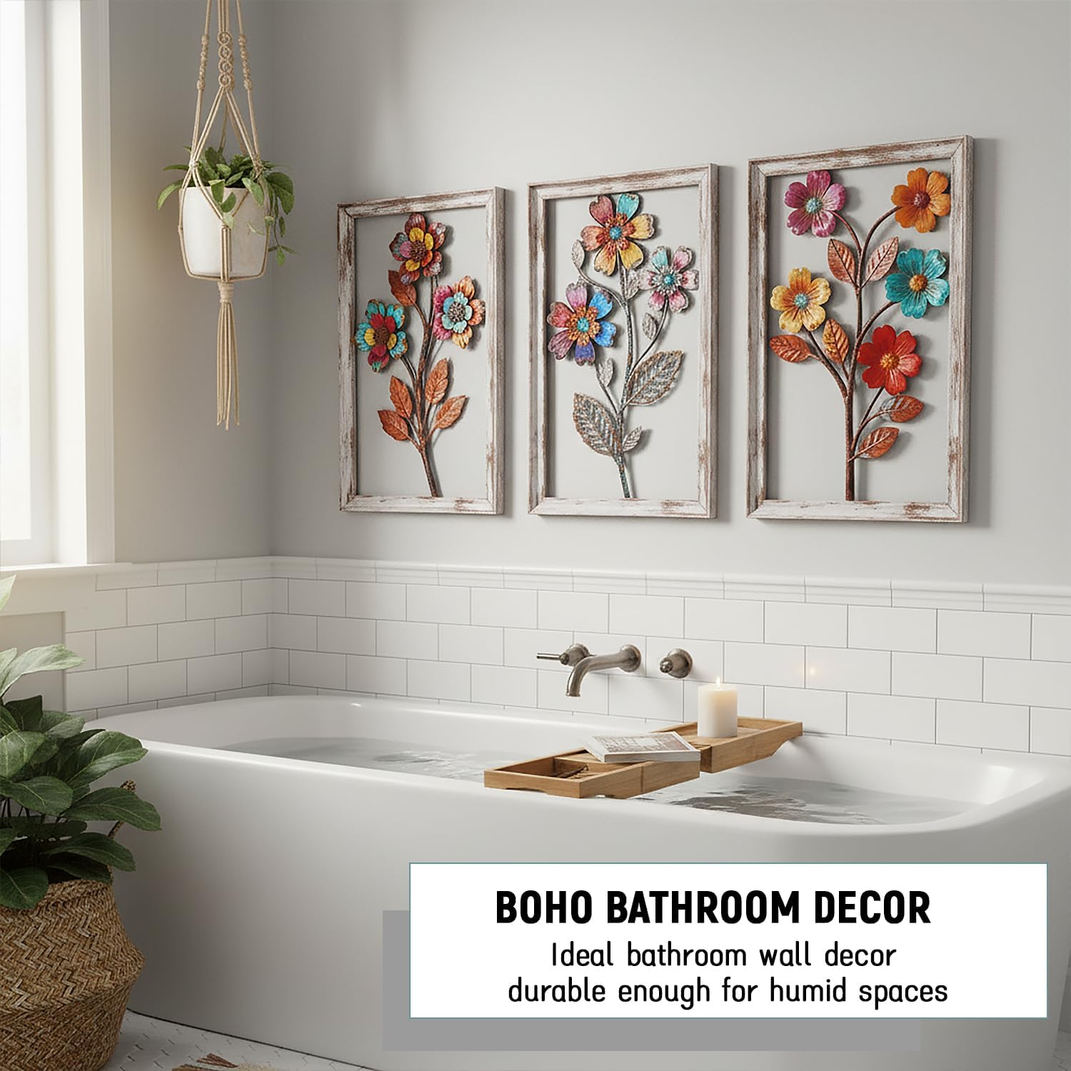 3 Pieces Metal Flowers Wall Art, 3D Boho Flower Wall Decor, Rustic Flower Wall Decor Boho Floral Bathroom Decor Metal Wall Art for Living room,Bedroom,Bathroom and Dining Room, Housewarming Gift