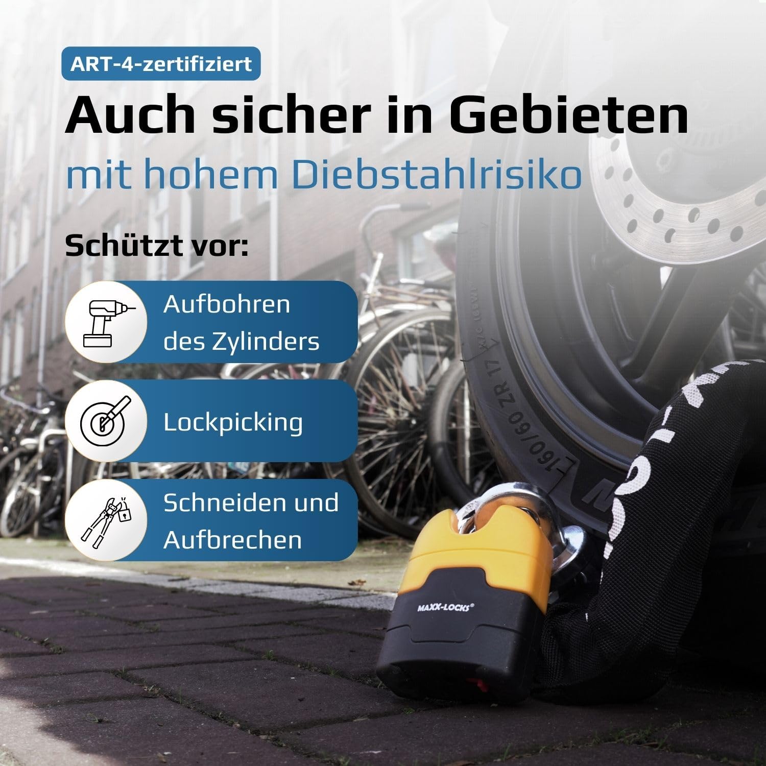 Ohura ART 4 Motorradschloss – Kettenschloss 12 mm Gehärtete Stahlglieder – Schloss Hohe Sicherheit mit ART-Zertifikat – Diebstahlschutz für Motorrad & Roller - 150 cm | Kettenschloss mit 12 mm dicken Schaltern - Art zugelassenes Schloss für Motorrad und R