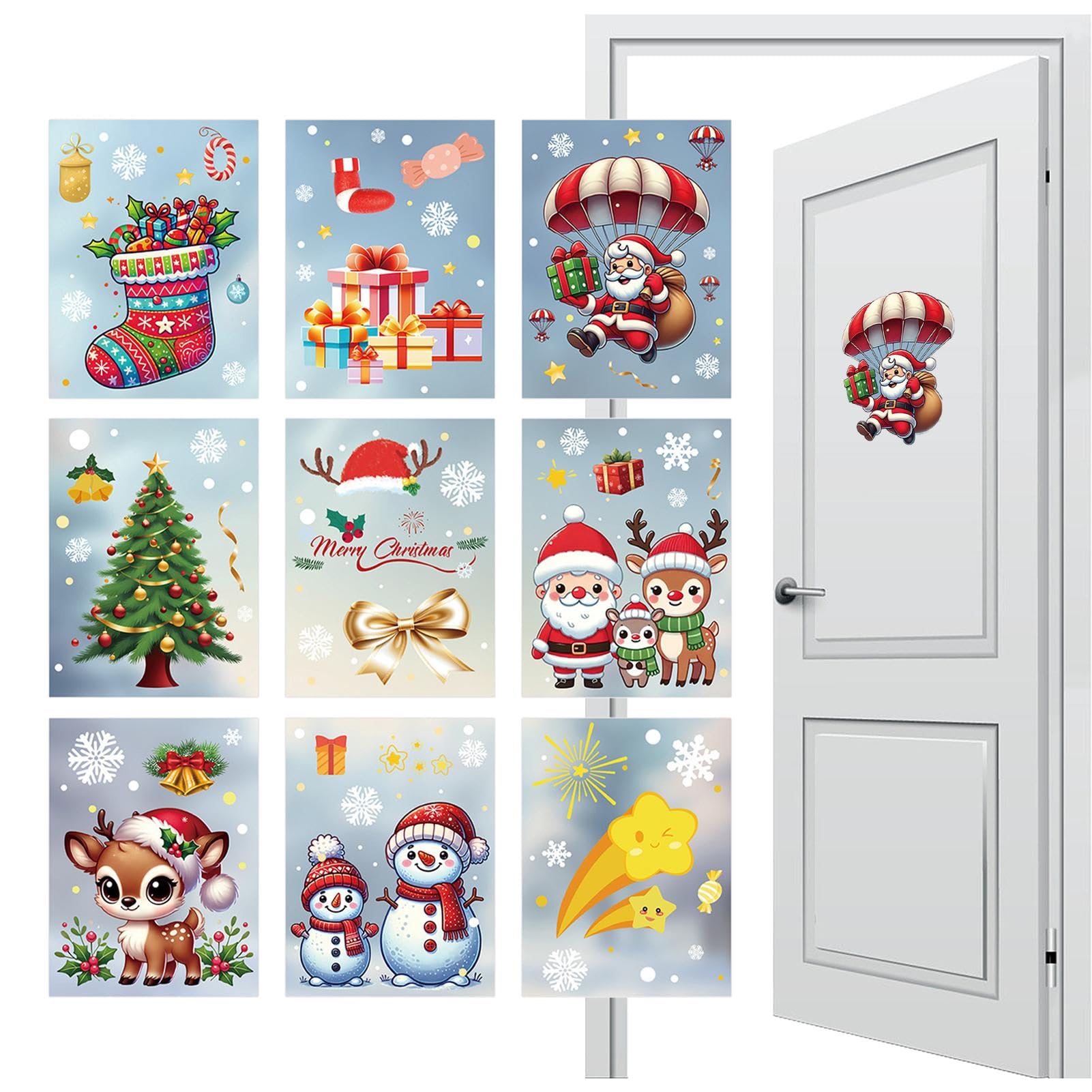 Decorazioni per decalcomanie natalizie, decorazioni natalizie per finestre - Decalcomanie natalizie riutilizzabili da 9 fogli - Decorazione adesiva per finestra riutilizzabile da 9 fogli per porta, ba