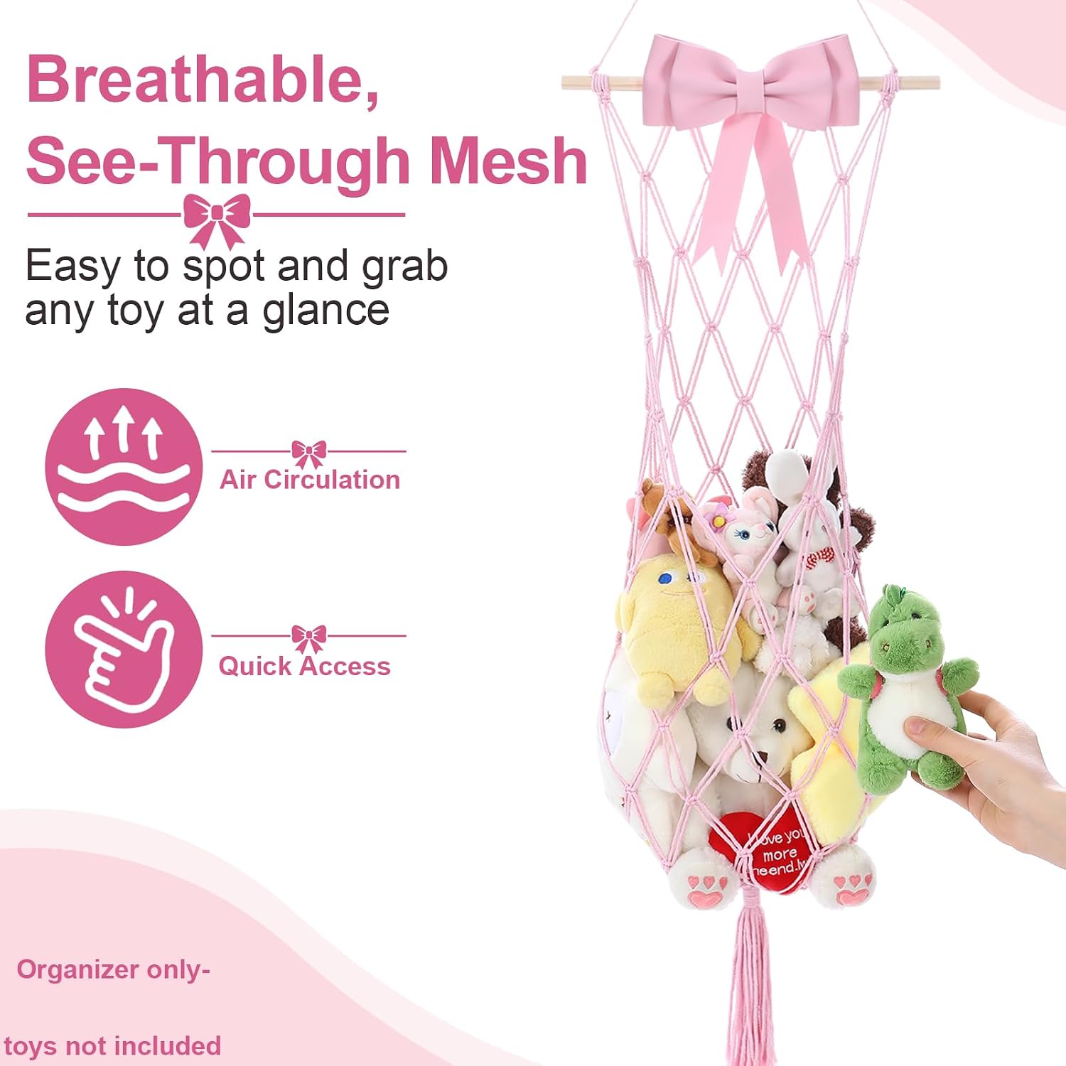 Pink Bow Stuffed Animal Hammock Cute Girly Corner Hanging Net Large Capacity Stuff Animal Organizer Plush Holder with Tassel Nursery Kid Girl Bedroom Home Decor for Tiny Space Walls 54 x 16''