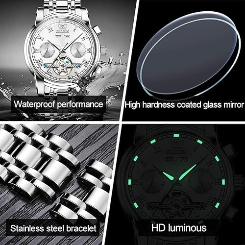 Miniatura 5 de OLEVS Reloj automático para hombre, cuerda automática, mecánica, de lujo, de acero inoxidable, multicalendario, impermeable, luminoso, reloj de