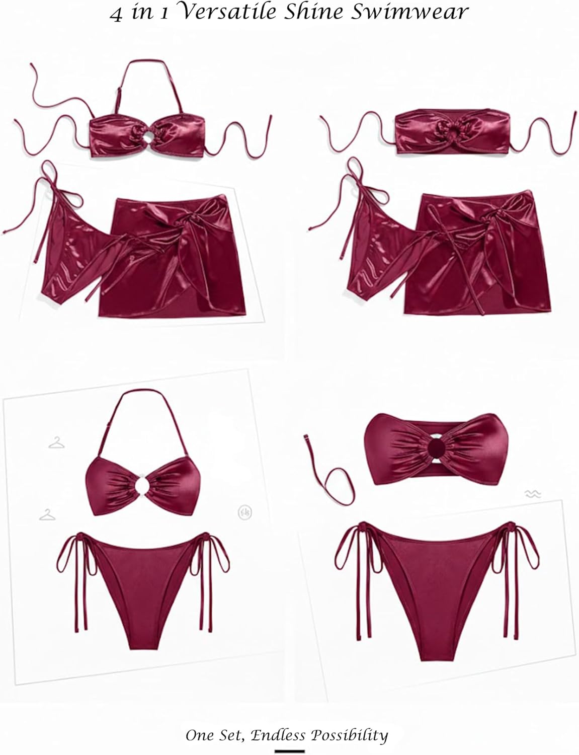 3 Piece Swimsuits for Women Metallic Strapless Bikini Set with Ruched Coverup Halter Criss Cross Bathing Suit