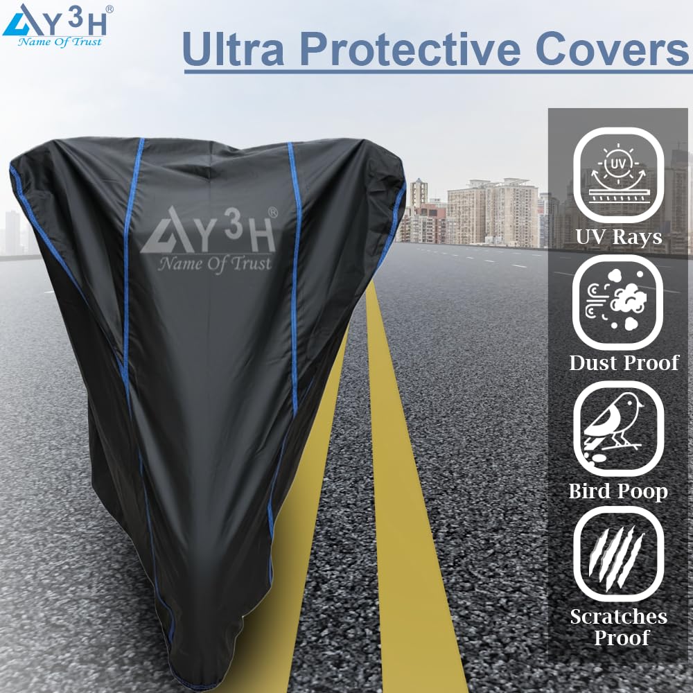 Y3H - Bike Body Cover Compatible with Bullet 350 Cc Full Body with Dust Proof, UV Rays Protective, Tripple Stitching & Lightweight Two Wheeler Covers - Black with Waterproof Blue Piping 2