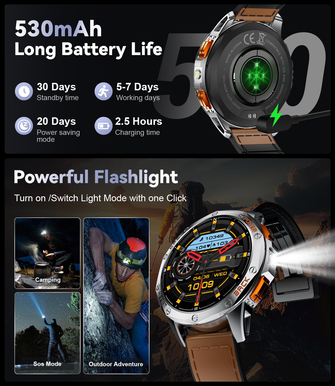 Montre Connectée 48mm 1,43" AMOLED 10ATM Étanche Militaire avec Baromètre, Boussole, Fréquence Cardiaque, SpO2, Sommeil, 530mAh Batterie pour Android iOS