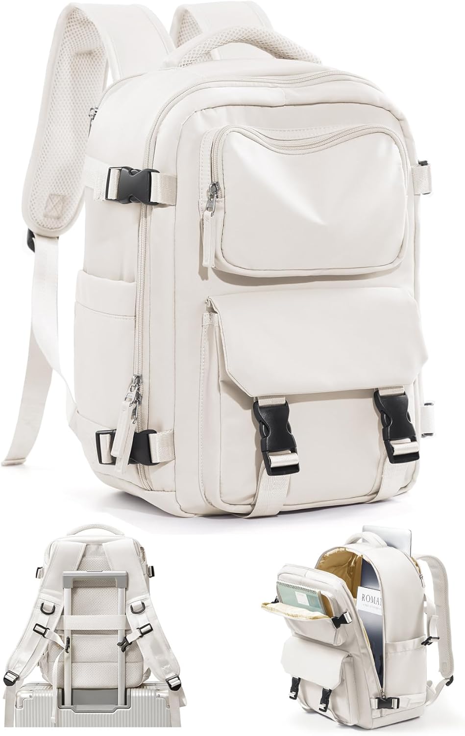 Travel Carry on Laptop Backpack for Women Men, Expandable Flight Approved Backpack, Waterproof Sports College bag Casual Daypack for Weekender Business Hiking Off White(Small)