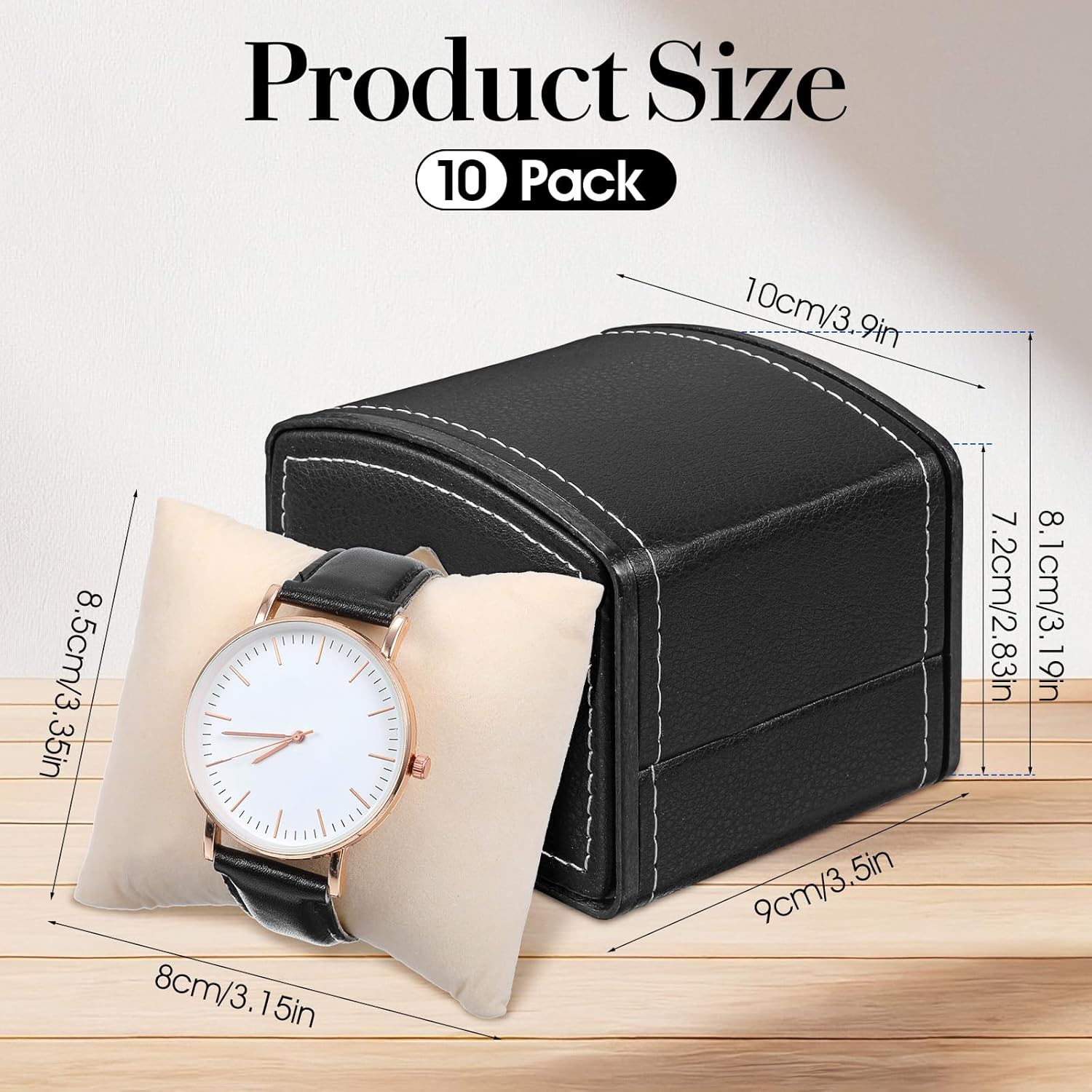 10 Packs Single Grid Watch Box with Pillow, PU Leather Gift Case for Bracelet, Jewelry Wristwatch Storage, Watches Display Holder for Men and Women, Single Watch Roll Organizer, Black