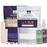 BLITZWAX 2.6lbs Hard Wax Beads for Hair Removal, Lavender and Cream Hot Waxing Beans for Sensitive Skin, Face, Brazilian and Bikini, with 30 Waxing Sticks and 2 Wax Oils for Women and Men, 2 Packs
