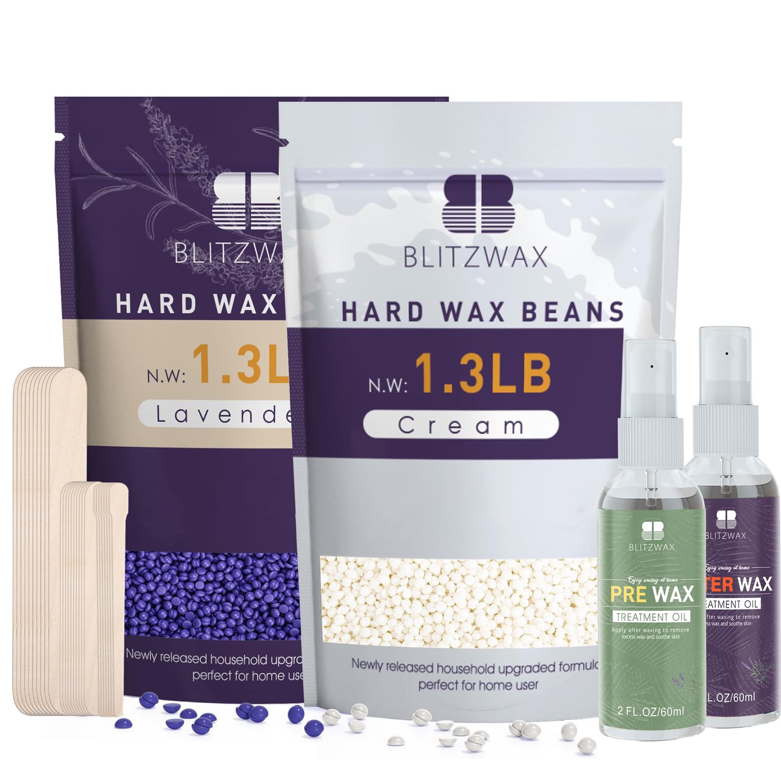 BLITZWAX 2.6lbs Hard Wax Beads for Hair Removal, Lavender and Cream Hot Waxing Beans for Sensitive Skin, Face, Brazilian and Bikini, with 30 Waxing