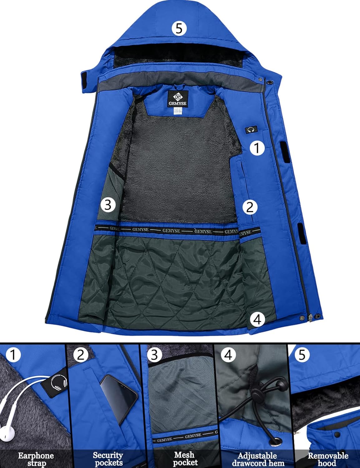 GEMYSE Men's Ski Snow Jacket Warm Winter Waterproof Coat Snowboard Rain Jacket Hooded Windproof Windbreaker - Image 6