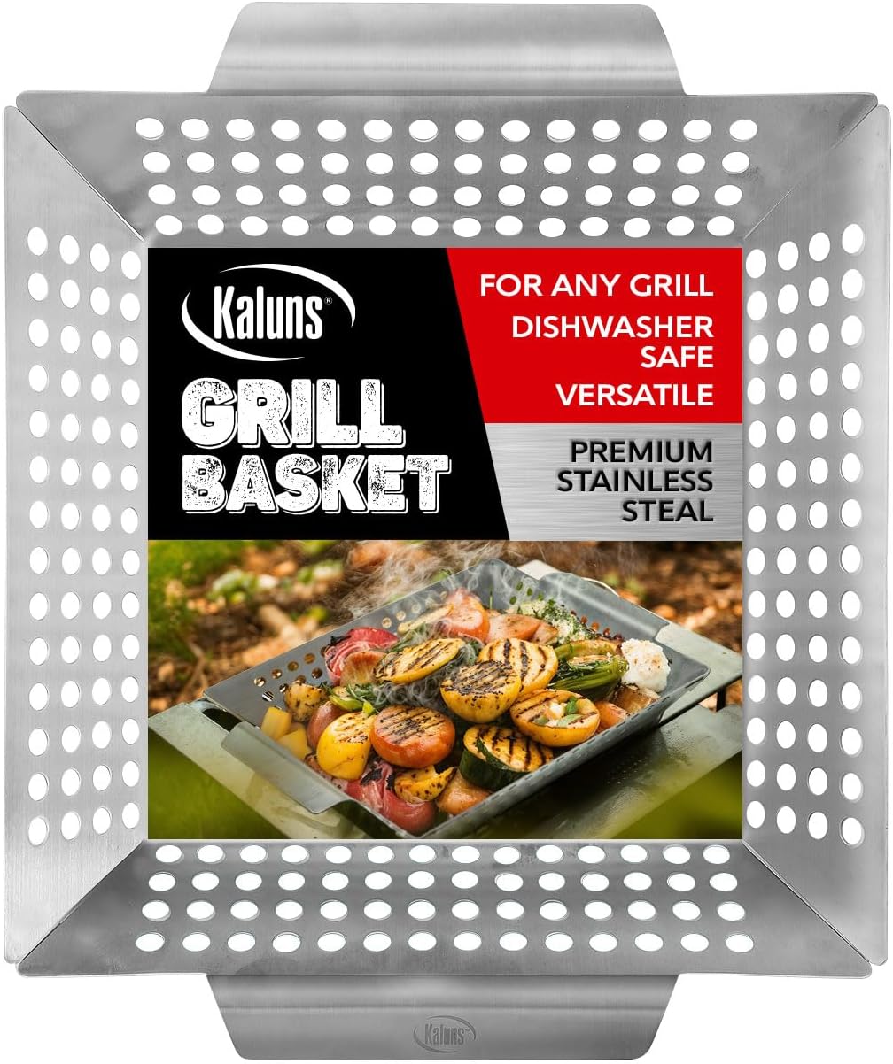 Kaluns Heavy Duty Stainless Steel Vegetable Grill Basket, Rectangular, Silver, Dishwasher Safe Grills and Vegetables