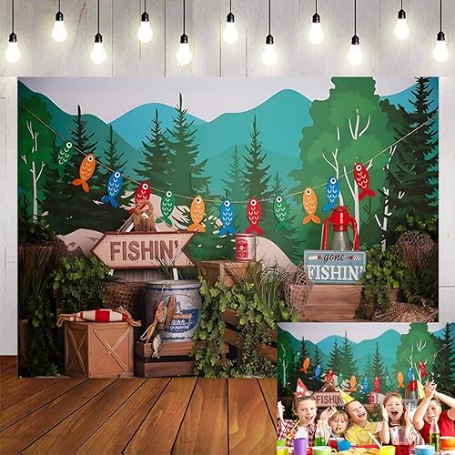 Miniatura 3 de Fondo de fotografía de pesca con plantas verdes bosque, para niños, fiesta de cumpleaños, pastel, retrato para baby shower, fiesta, accesorios para