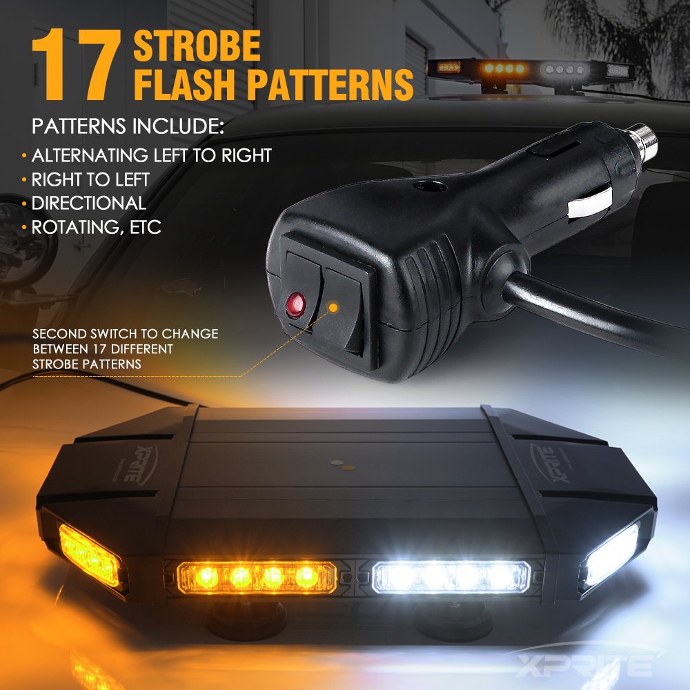 Xprite 18" White Amber LED HeavyDuty Rooftop Emergency Strobe Light Bar, Mount Safety