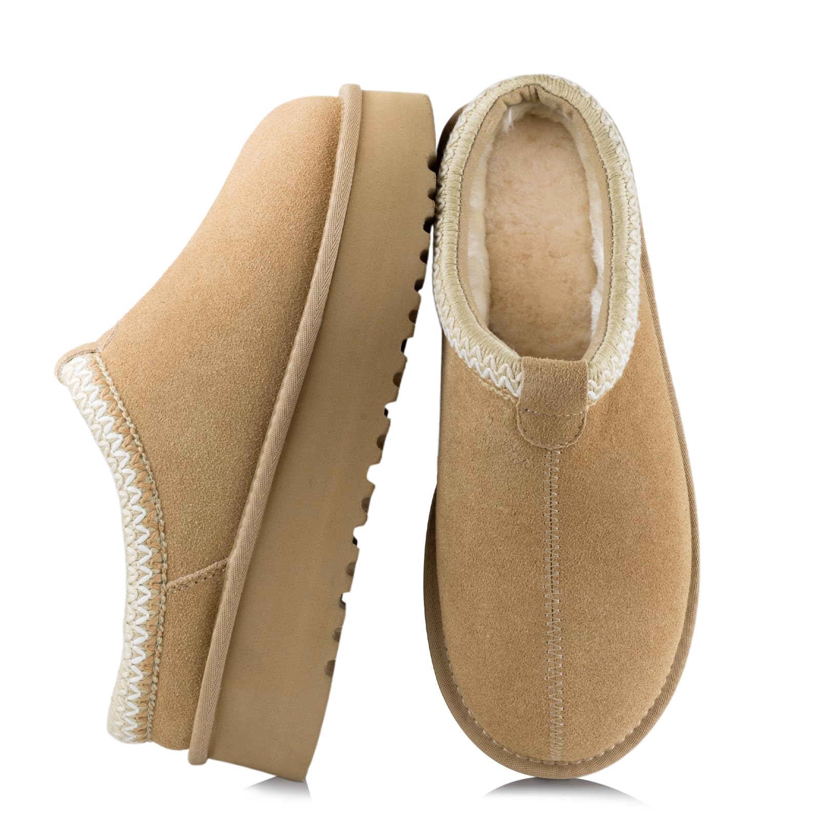 XUNBAI Mini-Stiefel Damen Hausschuhe Plateau mit Echte Wildleder, Warme Winter Schneestiefel, Gemütliche Plattform-Slipper für Drinnen & Draußen