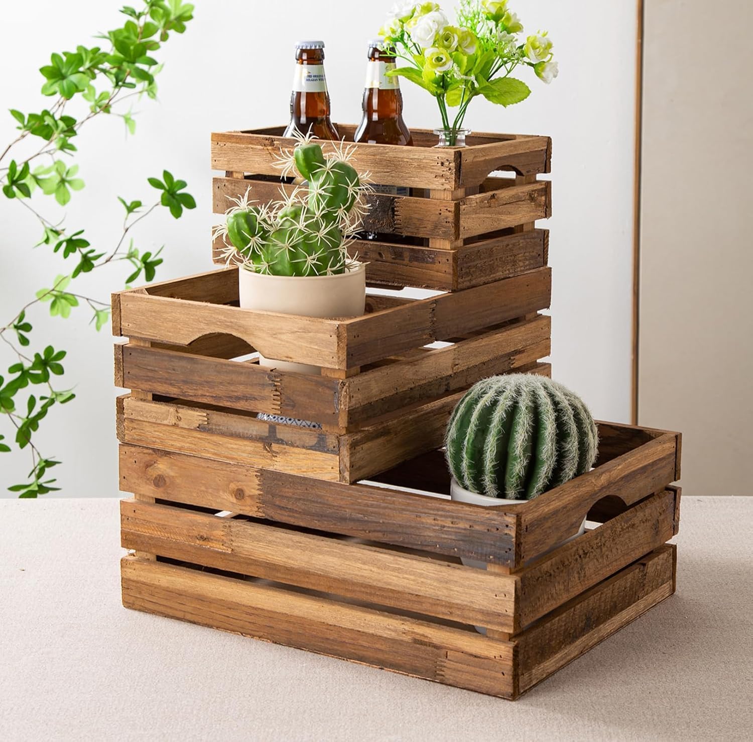 - Set of 3 Nesting Wooden Crates, Rustic Wooden Storage Container Boxes with Cutout Handles, Decorative Farmhouse Wood Baskets for Display