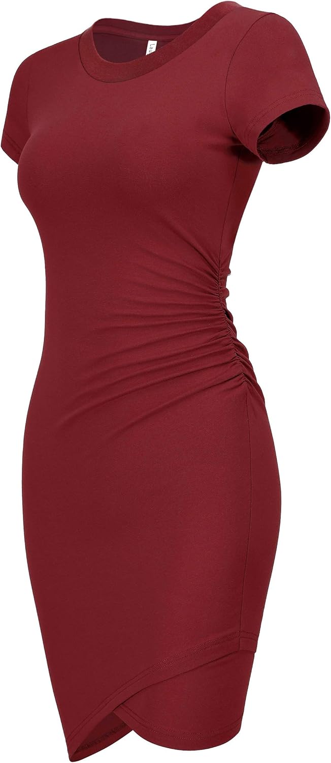 Laughido Bodycon jurk voor dames, kort, strakke wikkeljurk, korte mouwen, zomerjurk, mini-T-shirtjurk, wijnrood, M