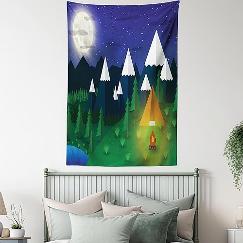 Miniatura 5 de Lunarable Tapiz de campamento tamaño individual, diseño de dibujos animados con temática de actividades al aire libre con montañas, lago, luna llena