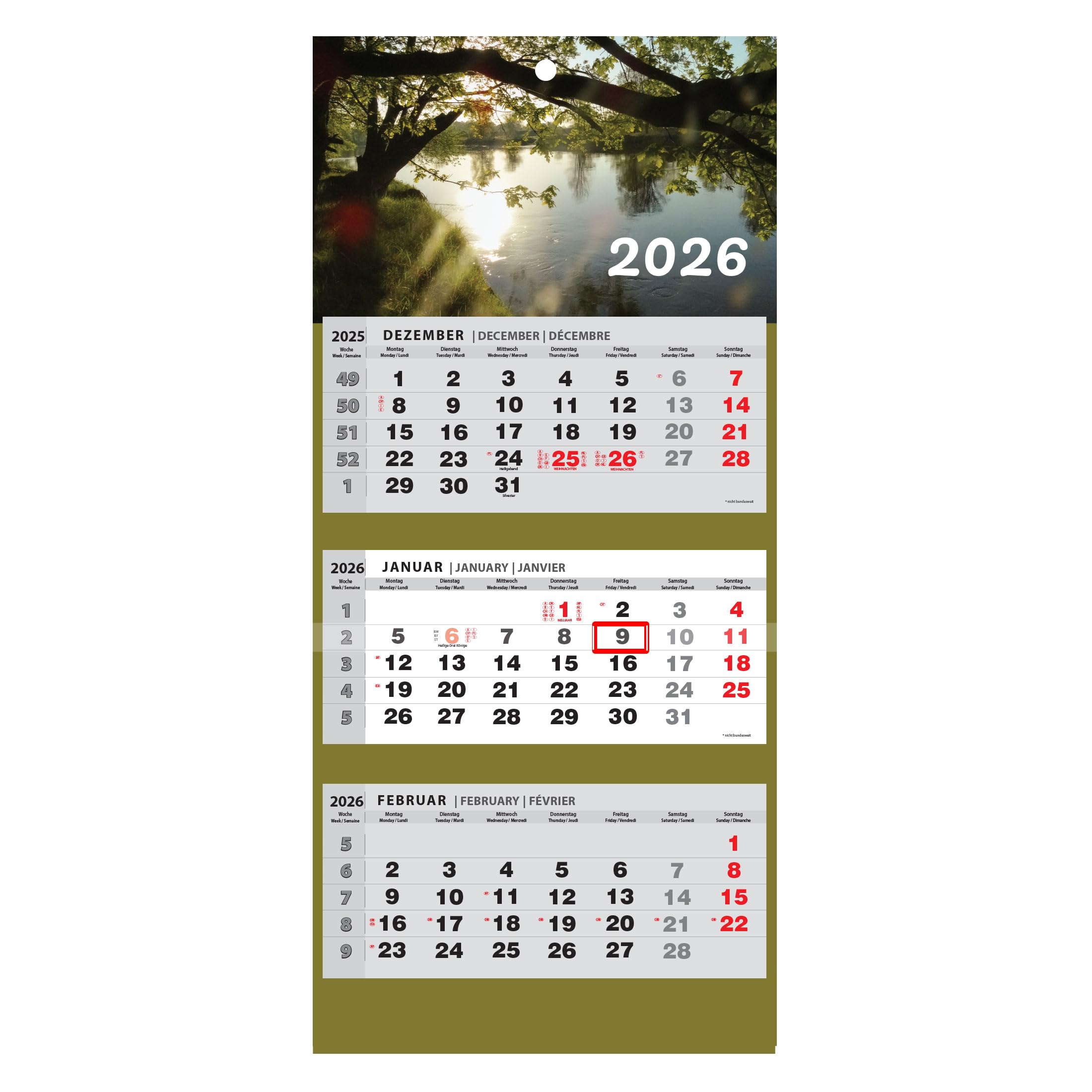 3-Month View Wall Calendar 2026 – Multi-Language (English, German