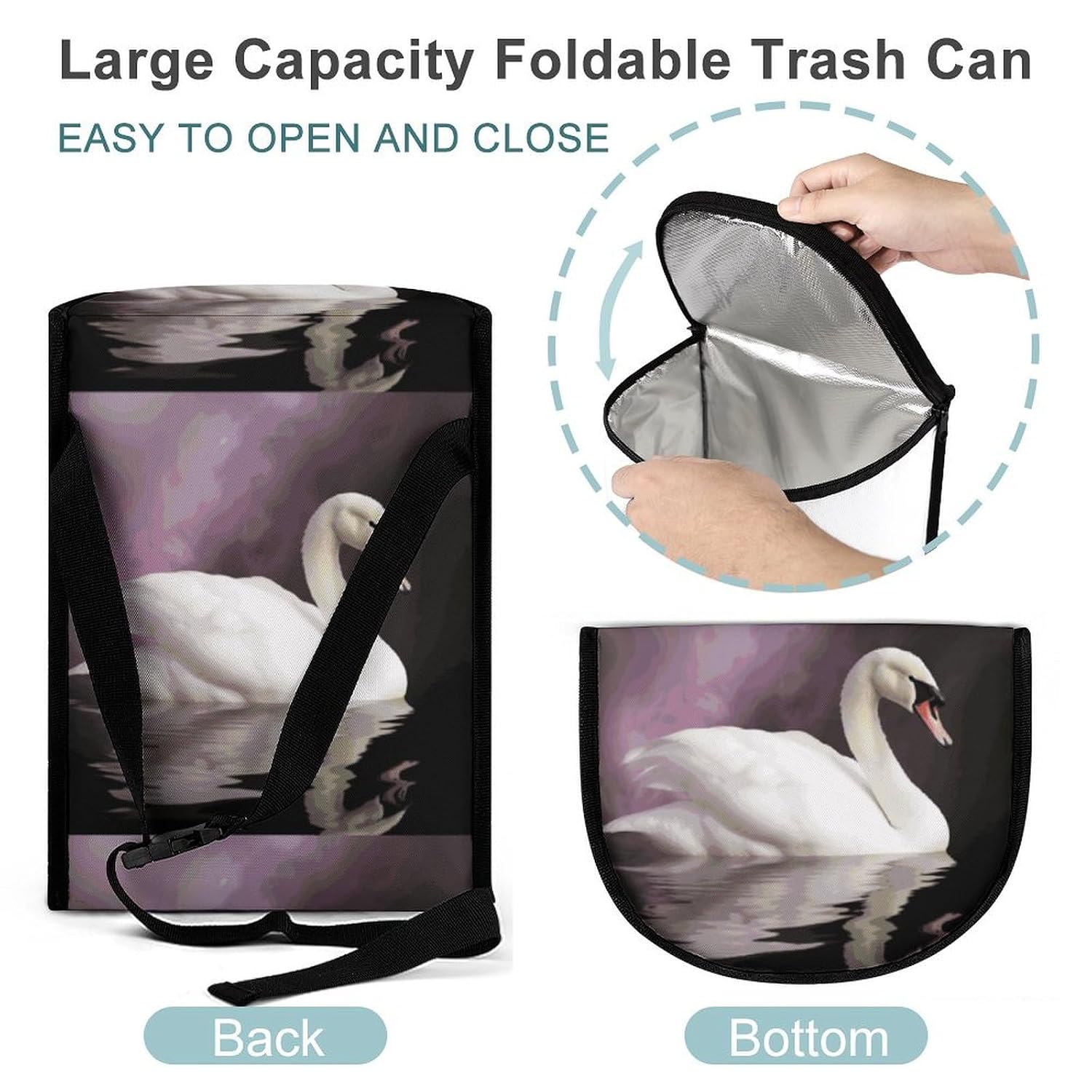White Swan Car Trash Can Bin Bag Waterproof Car Garbage Can Bag Trash Can for Car Car Trash Can for Women Men Garbage Can for Car Car Trash Can with Lid Trash for Car Trucks Rvs
