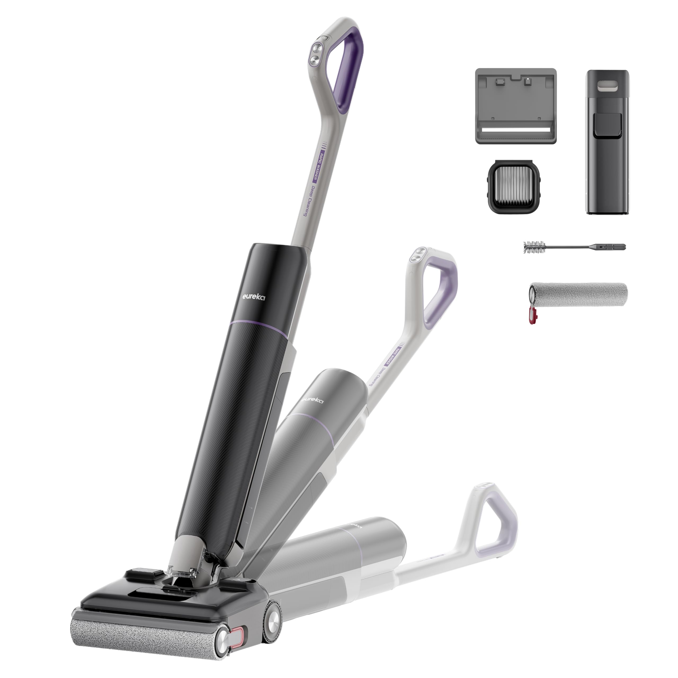 Eureka Aspiradora Fregona Sin Cable FloorShine 830, Aspirador y Fregasuelos en Seco y Húmedo 24kPa, Especial para Mascotas, Limpia Bordes, Antienredo, 60min, 180°, Autolimpieza con Secado 75°C, Negro