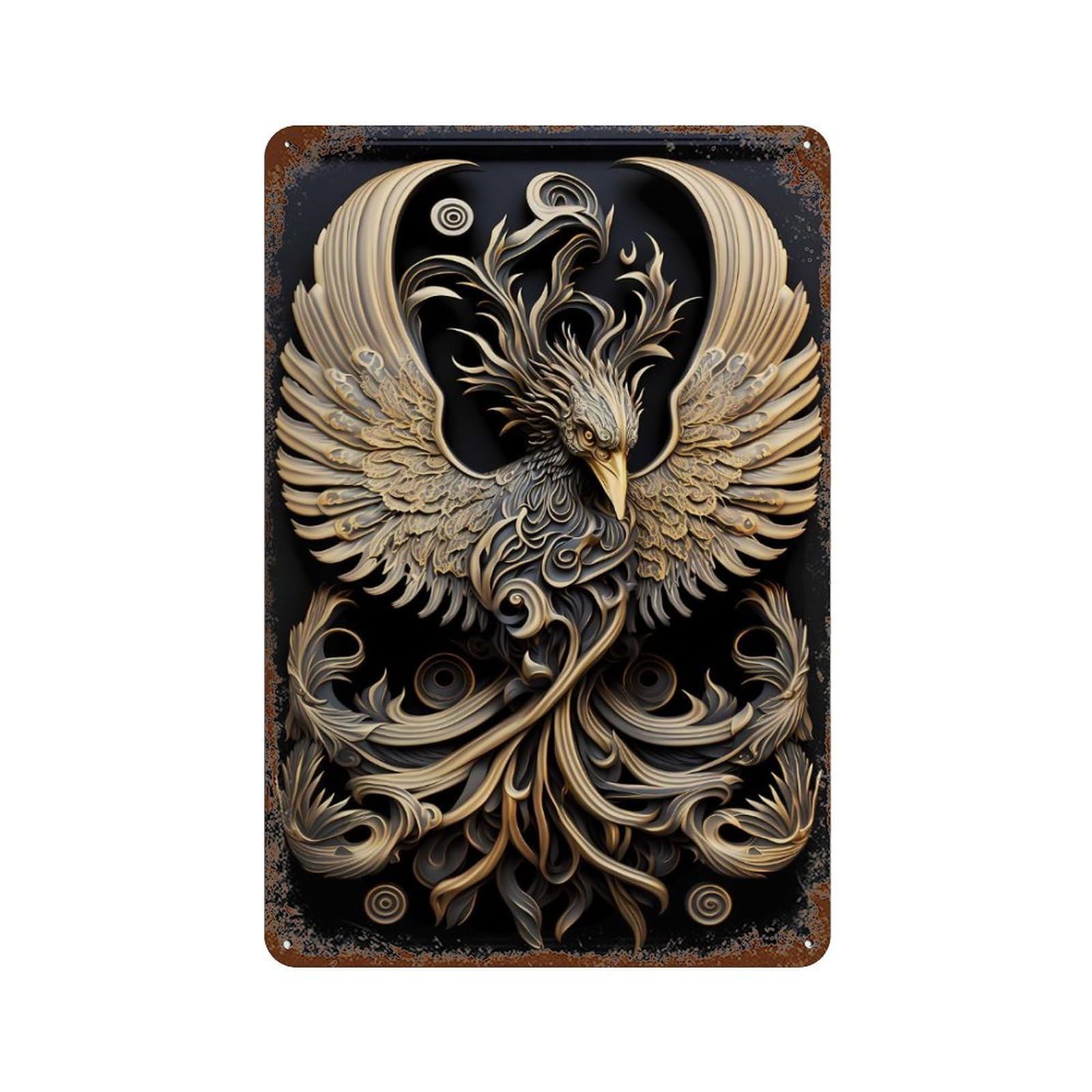 Rust Effect God Phoenix Art Deco Aged Metal Wall Plaque 11.8"x7.9", Shabby Chic Decor for Living Room, Hallway And Home Decor