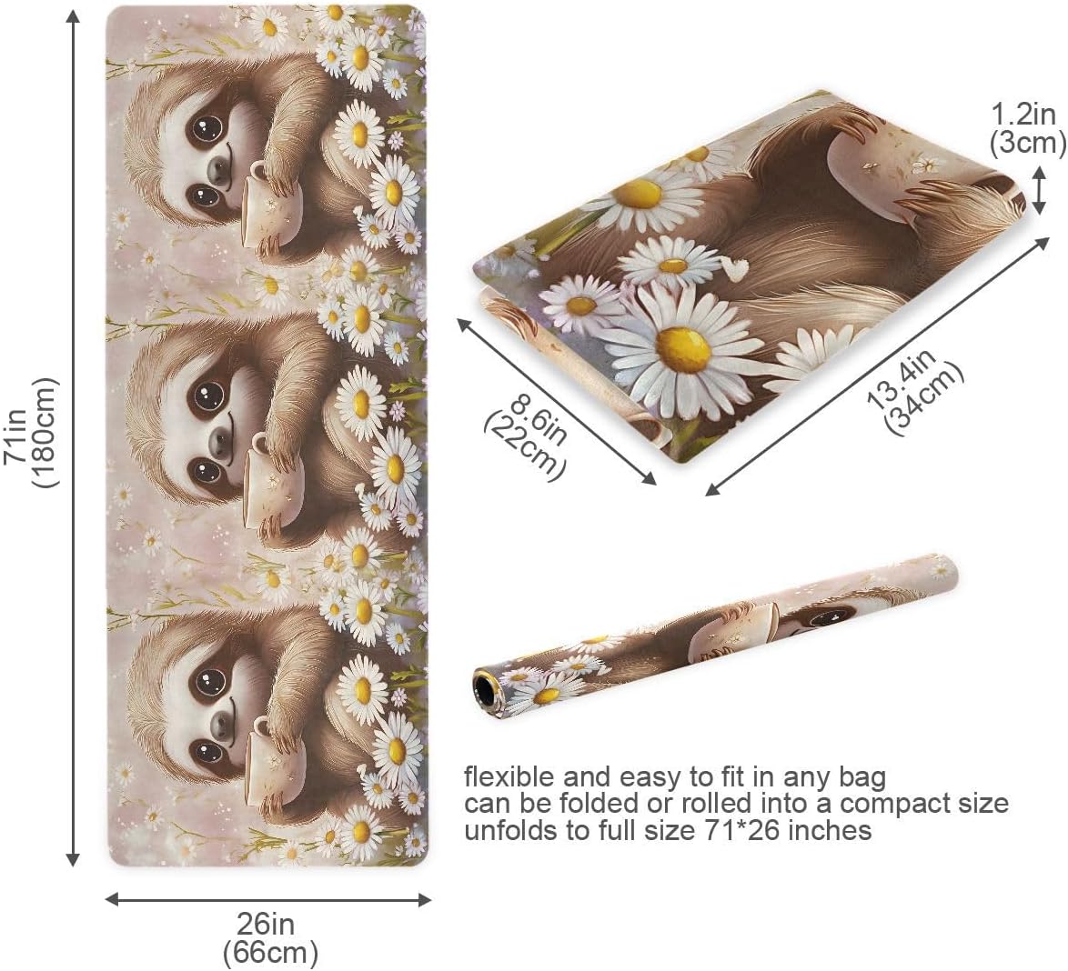 ALAZA Sloth with Tea Daisy Yoga Mat Non Slip Fitness Exercise Mat, Workout Mat for Yoga, Pilates and Floor Exercises