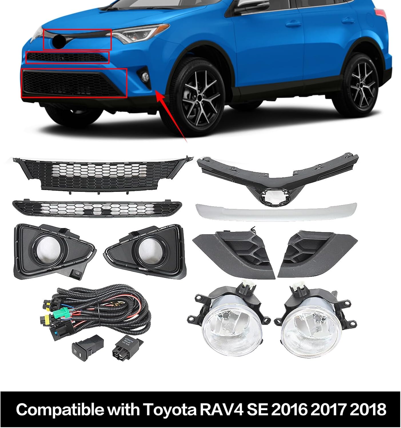 JX RACING Bumper Grille Kit Compatible with Toyota RAV4 SE 2016 2017 2018 Front Upper Middle Lower Grill & Towing Cover & Fog Lamp Cover with Bulb & Front Bumper Lower Apron 8PCS TO1036200 520300R030