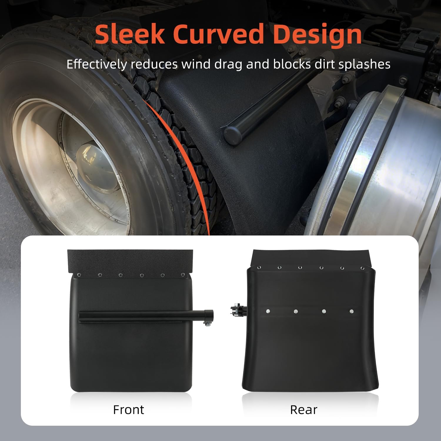 Quarter Fenders for Semi Truck 24" x 24" Black Poly Mud Guards with Tube Brackets & Mounting Hardware Kit, Left & Right Fender Set fit for Kenworth, Freightliner, Peterbilt, and Trailer Trucks