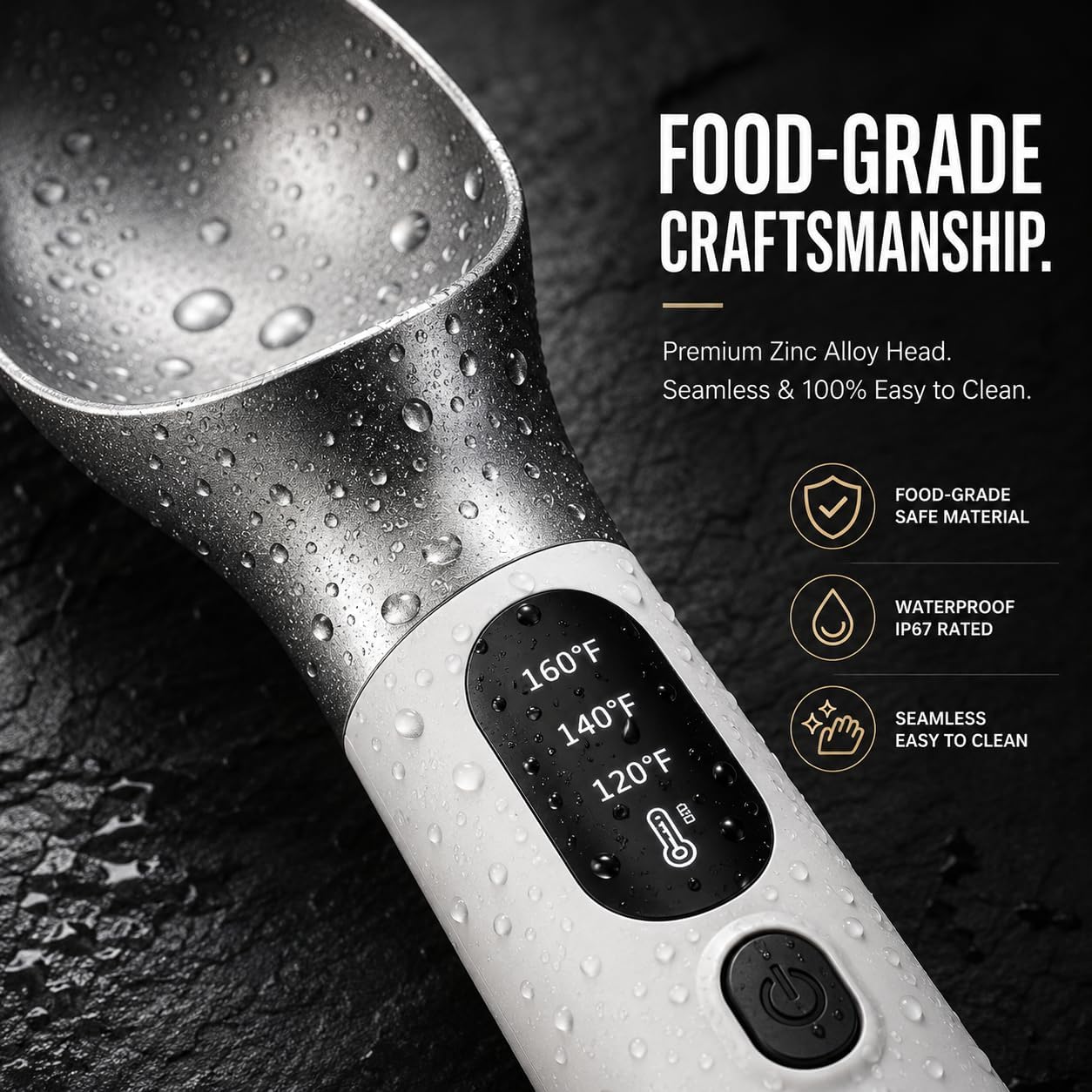 Heated Ice Cream Scoop, Electric Icecream Scooper with 3-Level Adjustable Heats, 3-Level Adjustable Heats - 120/140/160℉, IP67, 2600mAh Battery, For Hardened Ice Cream, Gelato, Shop & Home Use