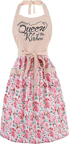 Bonitos delantales florales para mujer con bolsillos, delantal de algodón ajustable con correa para el cuello para cocina, cocina, hornear,