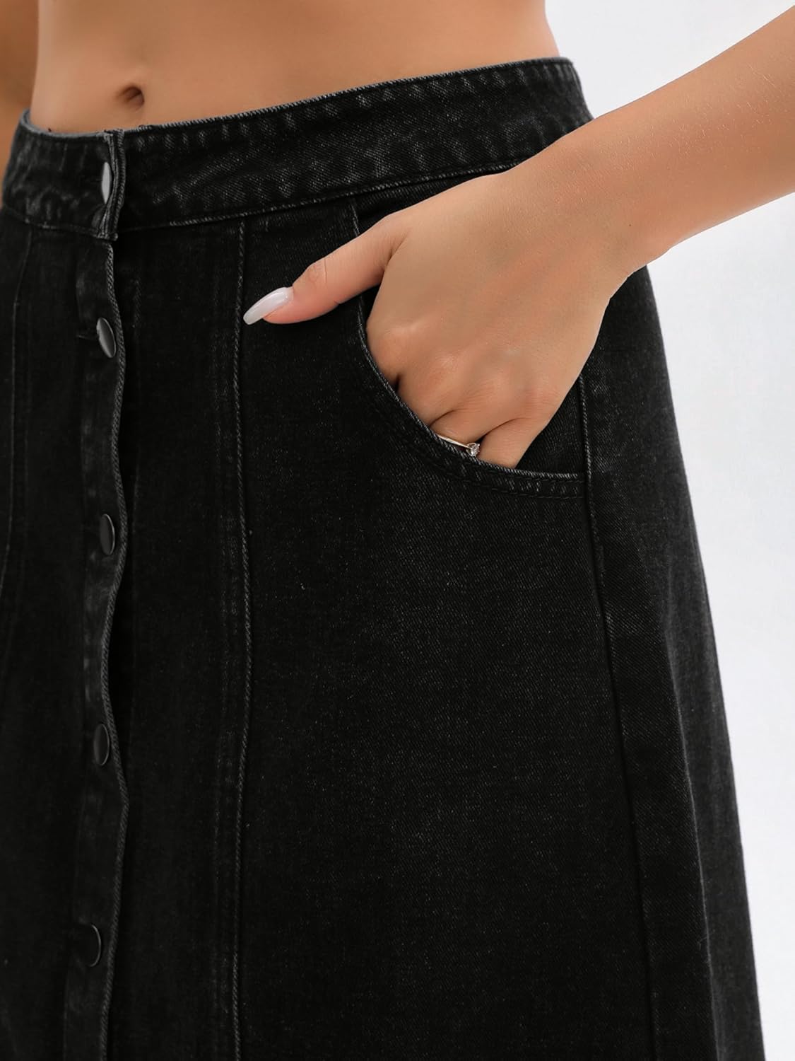 Women's Denim Skirt Button Down Front High Waisted Pockets A Line Midi Jean Skirts - Image 5