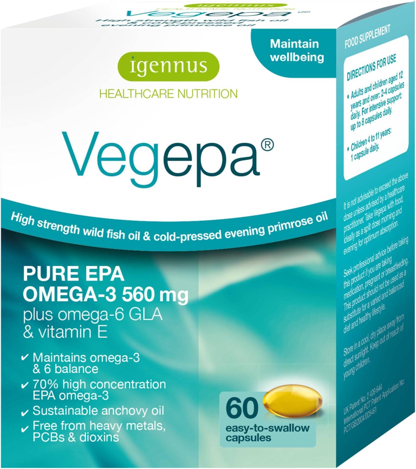 Igennus Vegepa, EPA Omega 3 & GLA Omega 6, Ultra Pure Wild Fish Oil & Evening Primrose Oil, 60, 560mg EPA per Serving, 30 Servings, 60 Capsules