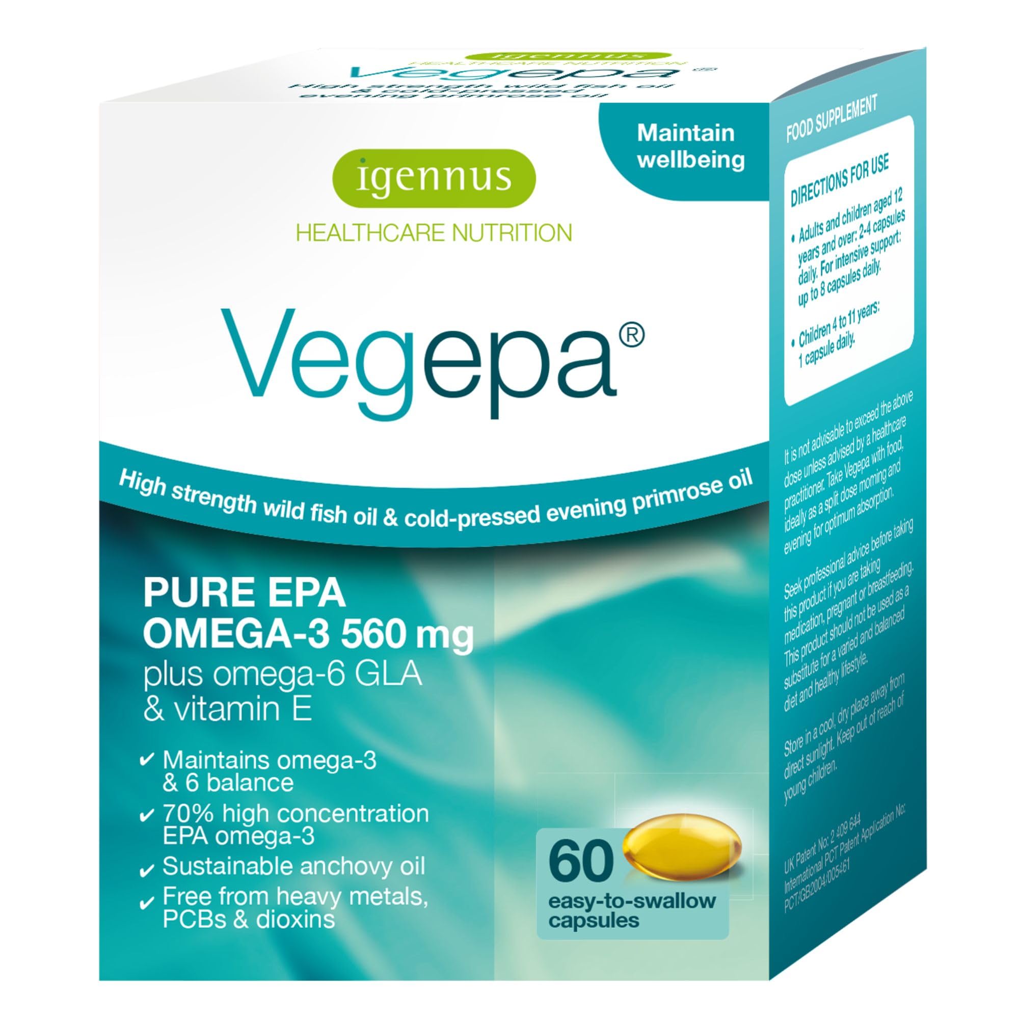 Igennus Vegepa, EPA Omega 3 & GLA Omega 6, Ultra Pure Wild Fish Oil & Evening Primrose Oil, 60, 560mg EPA per Serving, 30 Servings, 60 Capsules