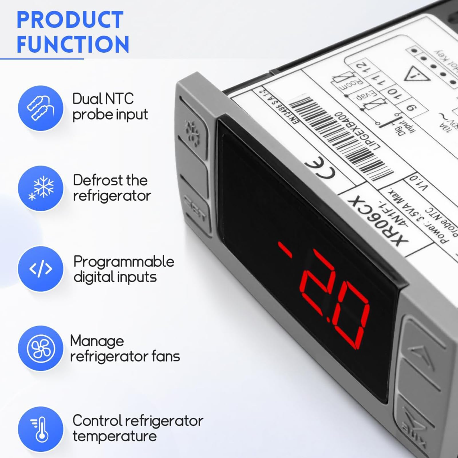 Termostato digital de doble sonda para refrigeración comercial, pequeños congeladores, gestión precisa de la temperatura y control de ventilador, controlador de temperatura de la carcasa