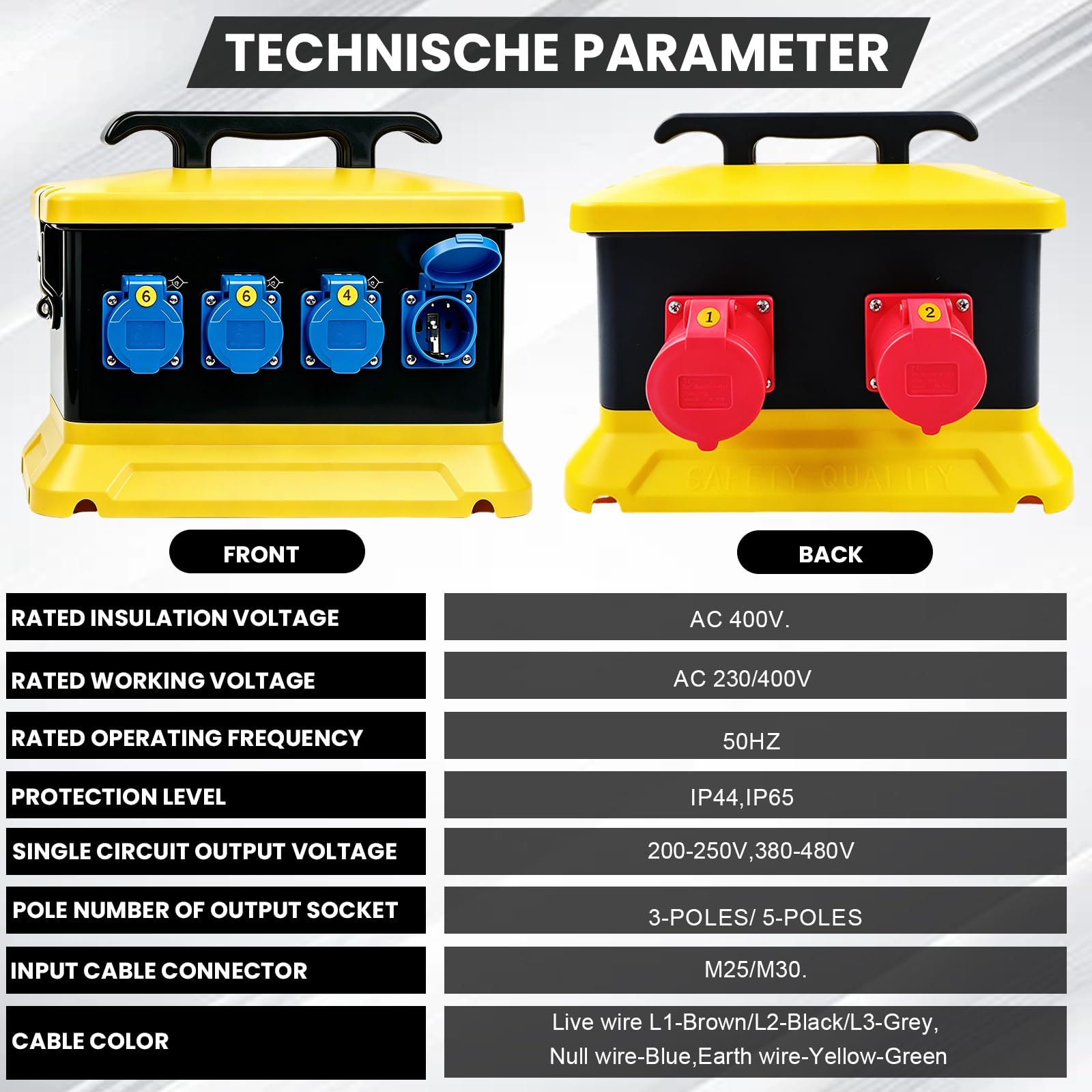 Coffret de Chantier, Coffret Electrique Etanche Exterieur Boîtier Étanche IP65 avec 3m Câble Montage Mural 4 Prises Schuko 230V 2 Prises CEE 16A 32A à 5 Broches pour Chantiers Ateliers
