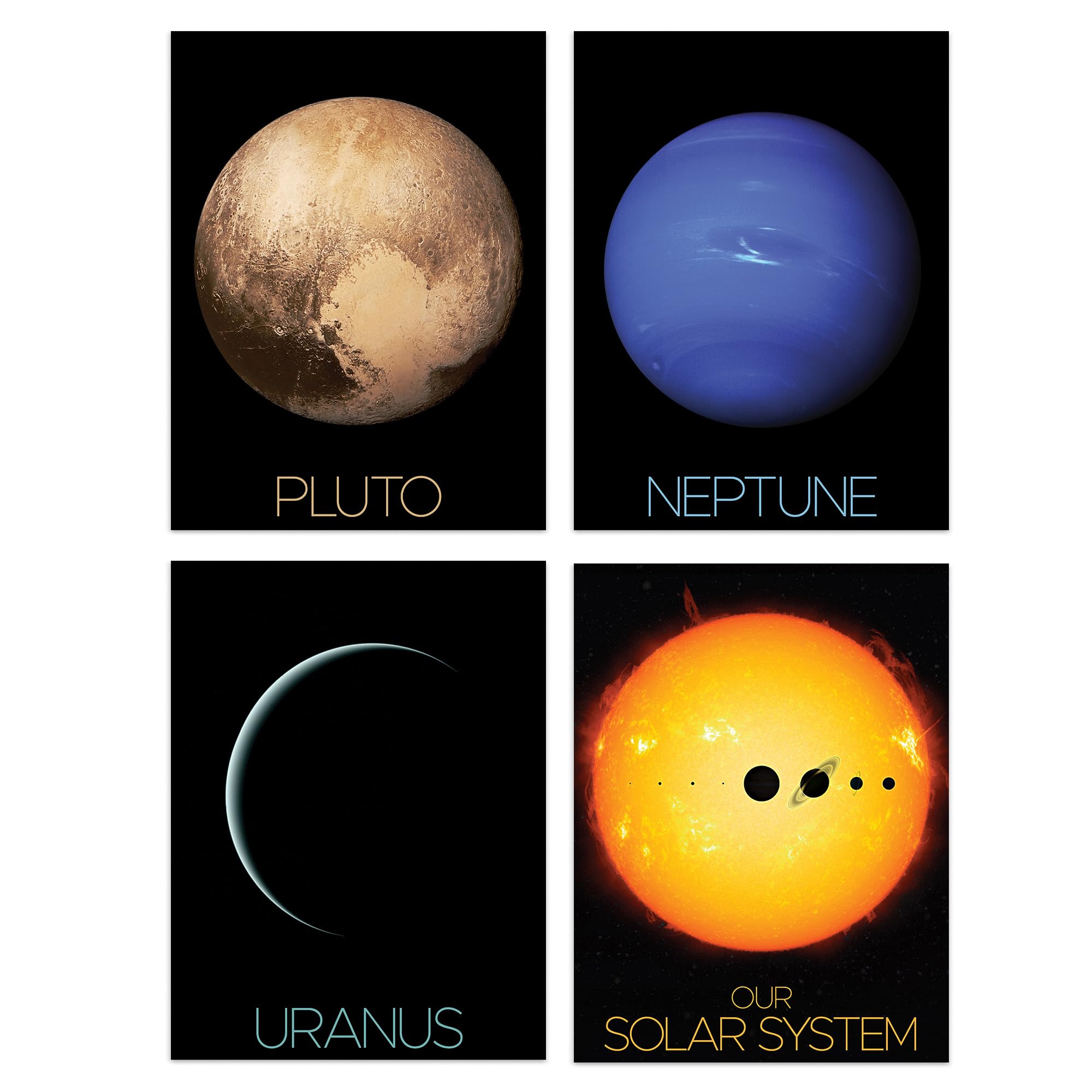 Artery8 Pack of 4 NASA Our Solar System The Sun and Planets Uranus Neptune Dwarf Pluto Voyager 2 and New Horizons Images Unframed A4 Wall Art Living Room Prints Set โ image 1